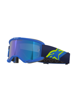 Alpinestars Vision 5 Corp Goggles, Motocross Goggles, Blue frame with mirrored blue lens, navy strap with large neon yellow A-star logo, profile view showing ventilated frame and grey face foam, "ONE GOAL. ONE VISION." branding
