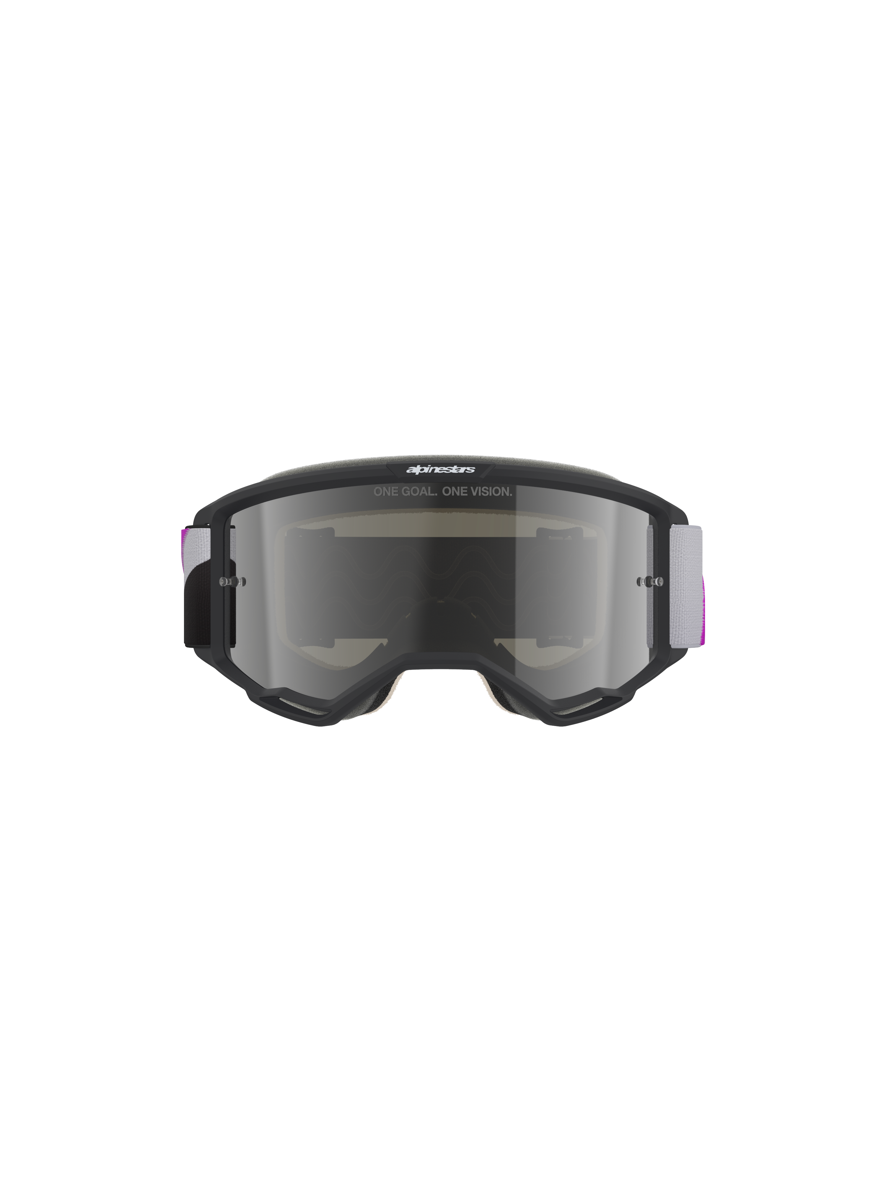 Alpinestars Vision 5 Corp Goggles, Motocross Goggles, Light Gray frame with Purple Mirror Silver lens, front view featuring 'ONE GOAL. ONE VISION.' text, adjustable gray and purple woven strap, high-performance off-road eye protection