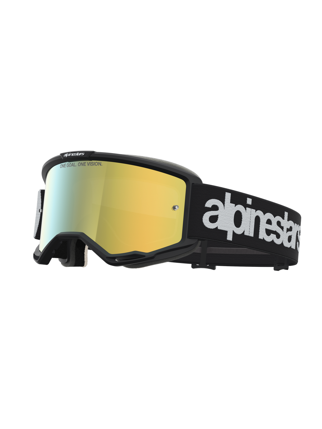 Alpinestars Vision 5 Hone veiligheidsbril, motorcrossbril met zwart A-FLEX frame, spiegelgouden lens en wit logo.