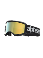 Alpinestars Vision 5 Hone veiligheidsbril, motorcrossbril met zwart A-FLEX frame, spiegelgouden lens en wit logo.