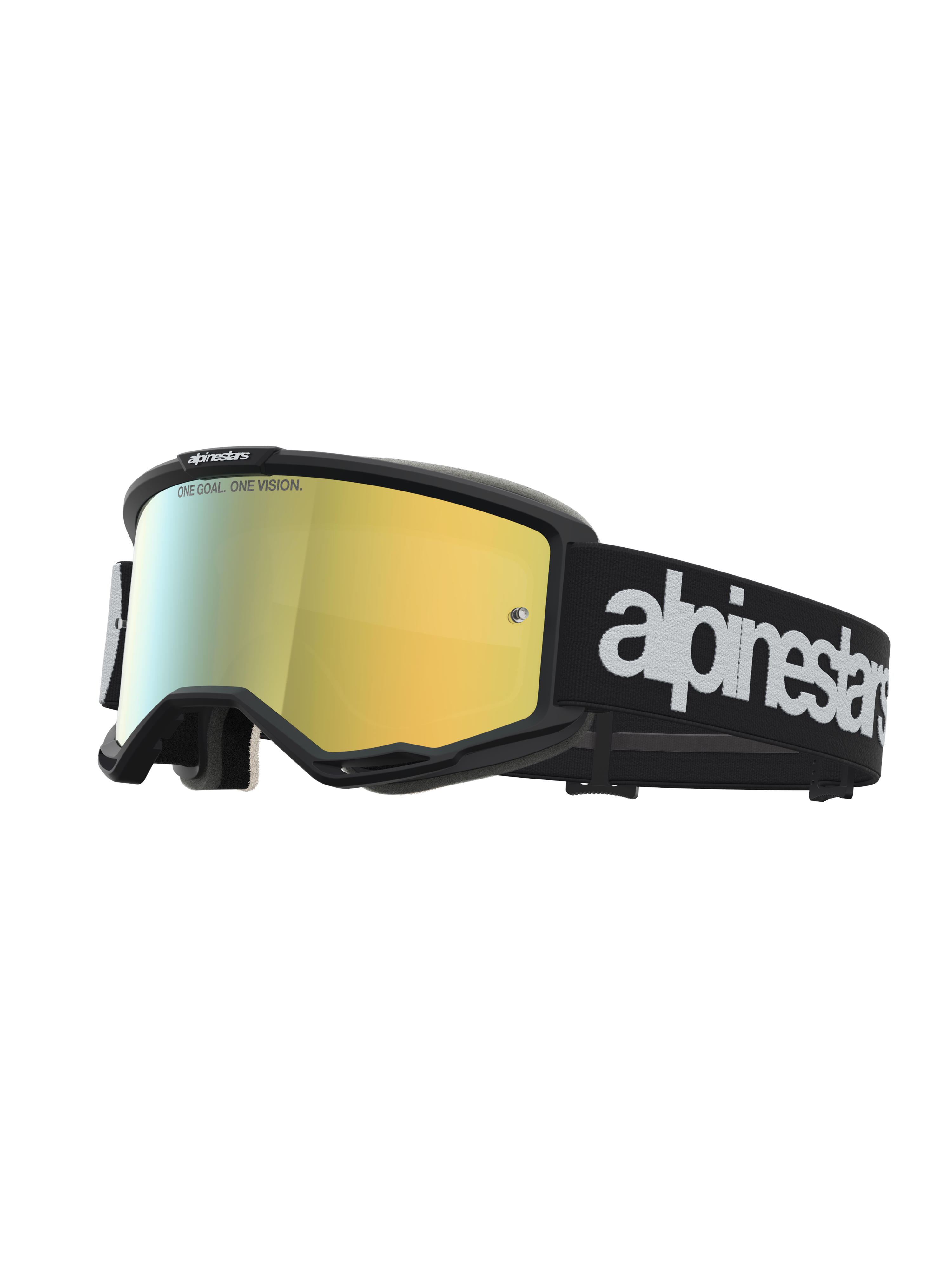 Alpinestars Vision 5 Hone veiligheidsbril, motorcrossbril met zwart A-FLEX frame, spiegelgouden lens en wit logo.