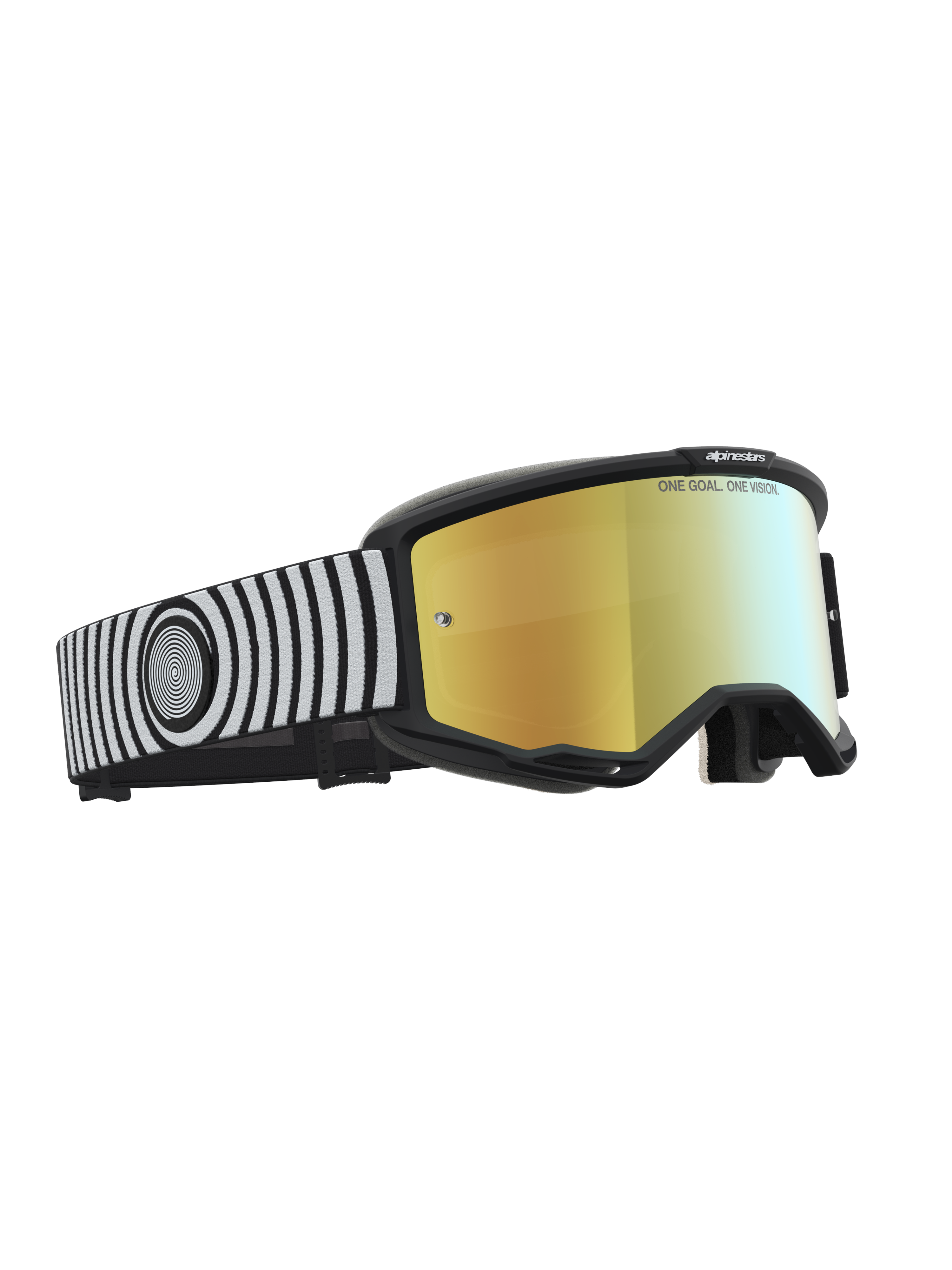 Alpinestars Vision 5 Hone veiligheidsbril, motorcrossbril in zwart en wit met een gouden spiegellens en A-FLEX frame.