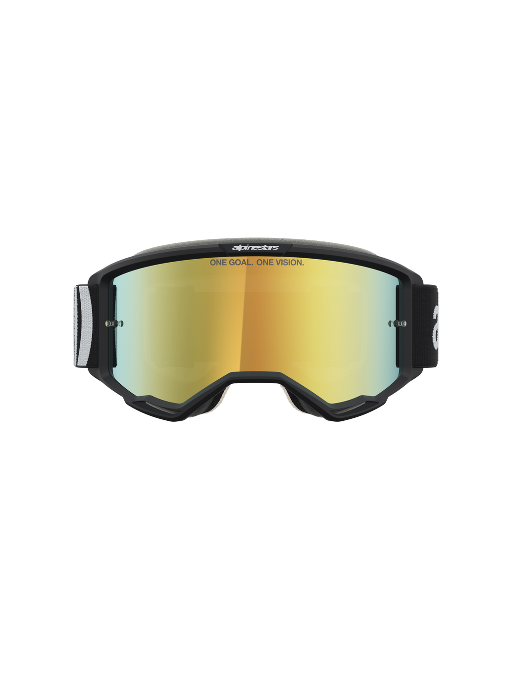 Alpinestars Vision 5 Hone veiligheidsbril, motorcrossbril, zwart en goud met Mirror Gold-lens en RAM-AIR ventilatiesysteem.