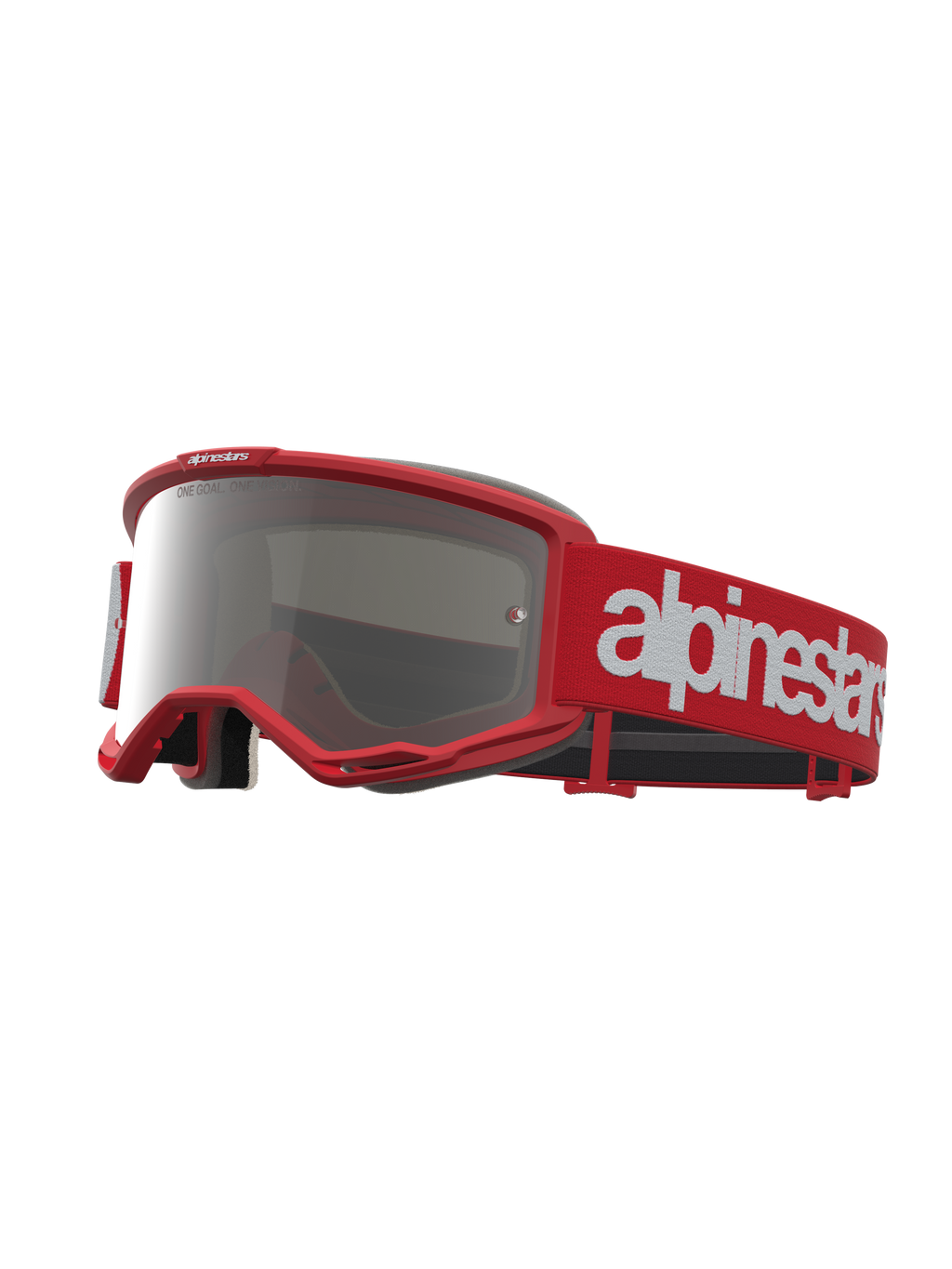 Alpinestars Vision 5 Hone veiligheidsbril, motorcross, rood en wit, zilveren spiegellens, A-FLEX frame en RAM-AIR ventilatie.