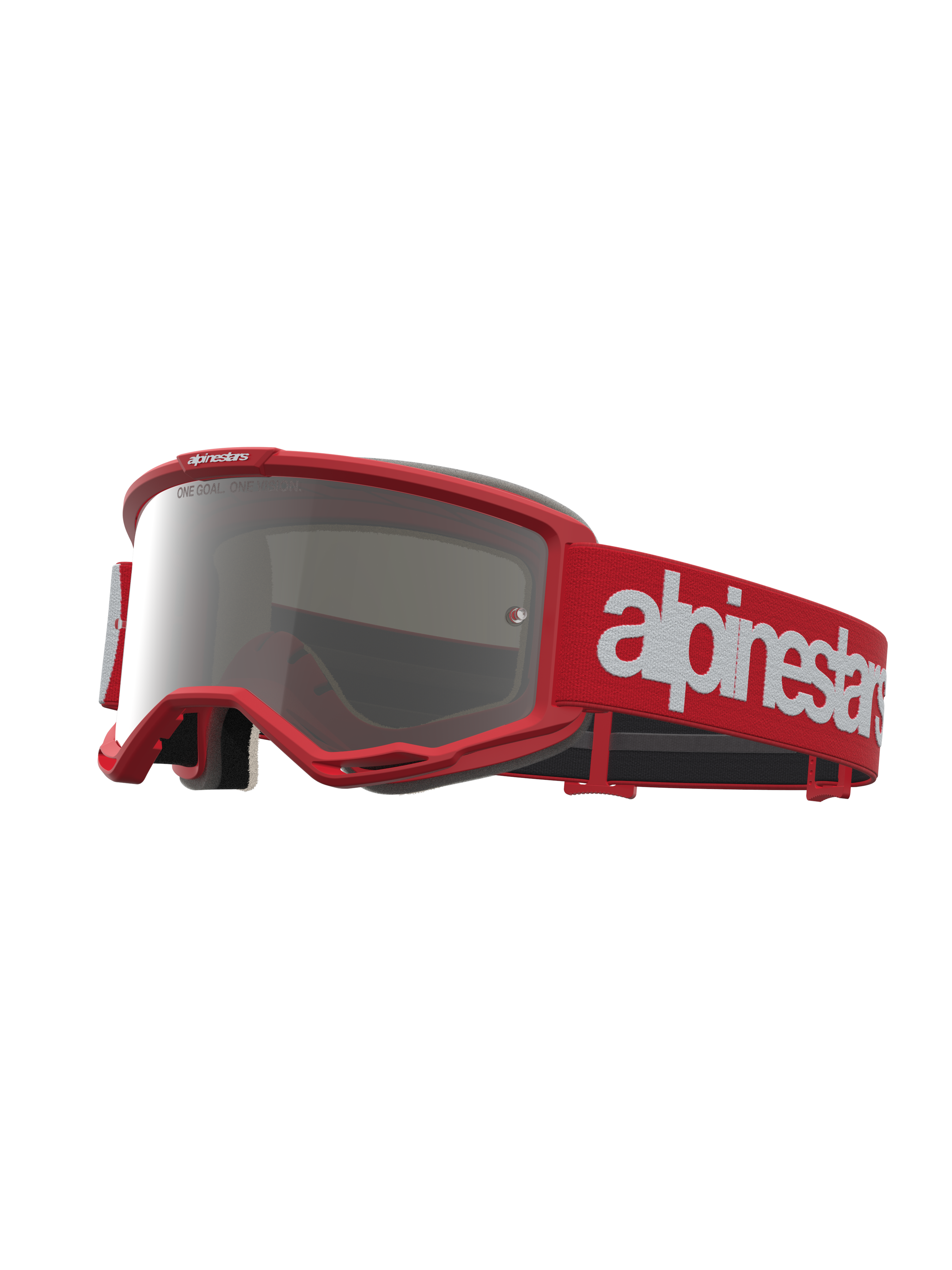 Alpinestars Vision 5 Hone veiligheidsbril, motorcross, rood en wit, zilveren spiegellens, A-FLEX frame en RAM-AIR ventilatie.
