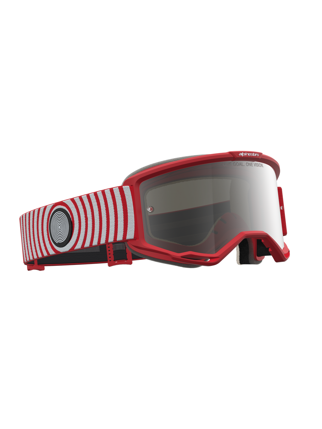 Alpinestars Vision 5 Hone veiligheidsbril voor motocross, rood en wit, zilveren spiegellens, flexibel A-FLEX frame.