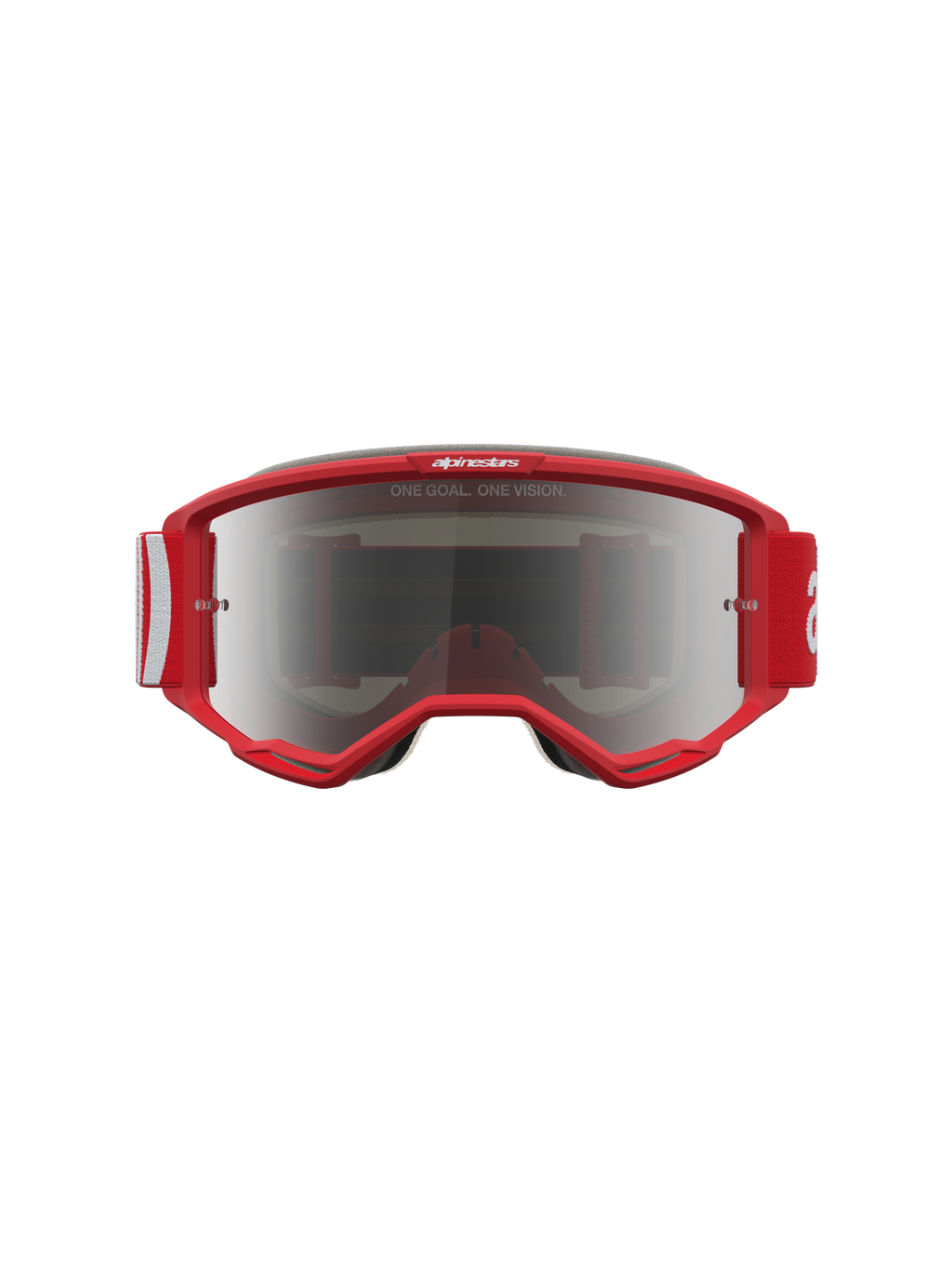 Alpinestars Vision 5 Hone veiligheidsbril, rood-witte motorcrossbril met zilveren spiegellens en RAM-AIR ventilatie.