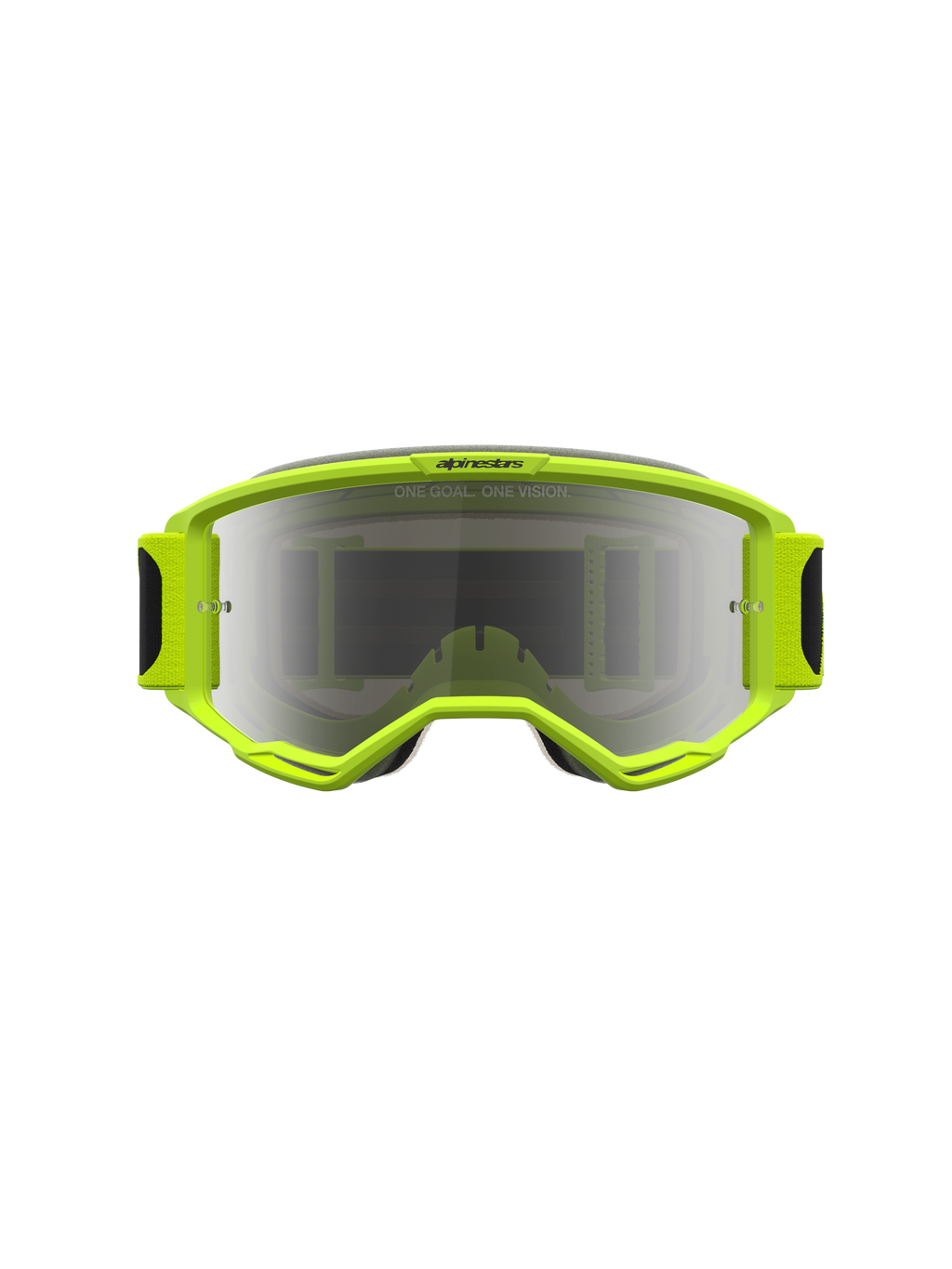 Alpinestars Vision 5 Rora Goggles, yellow fluo motocross goggles with a mirror silver lens and RAM-AIR ventilation.