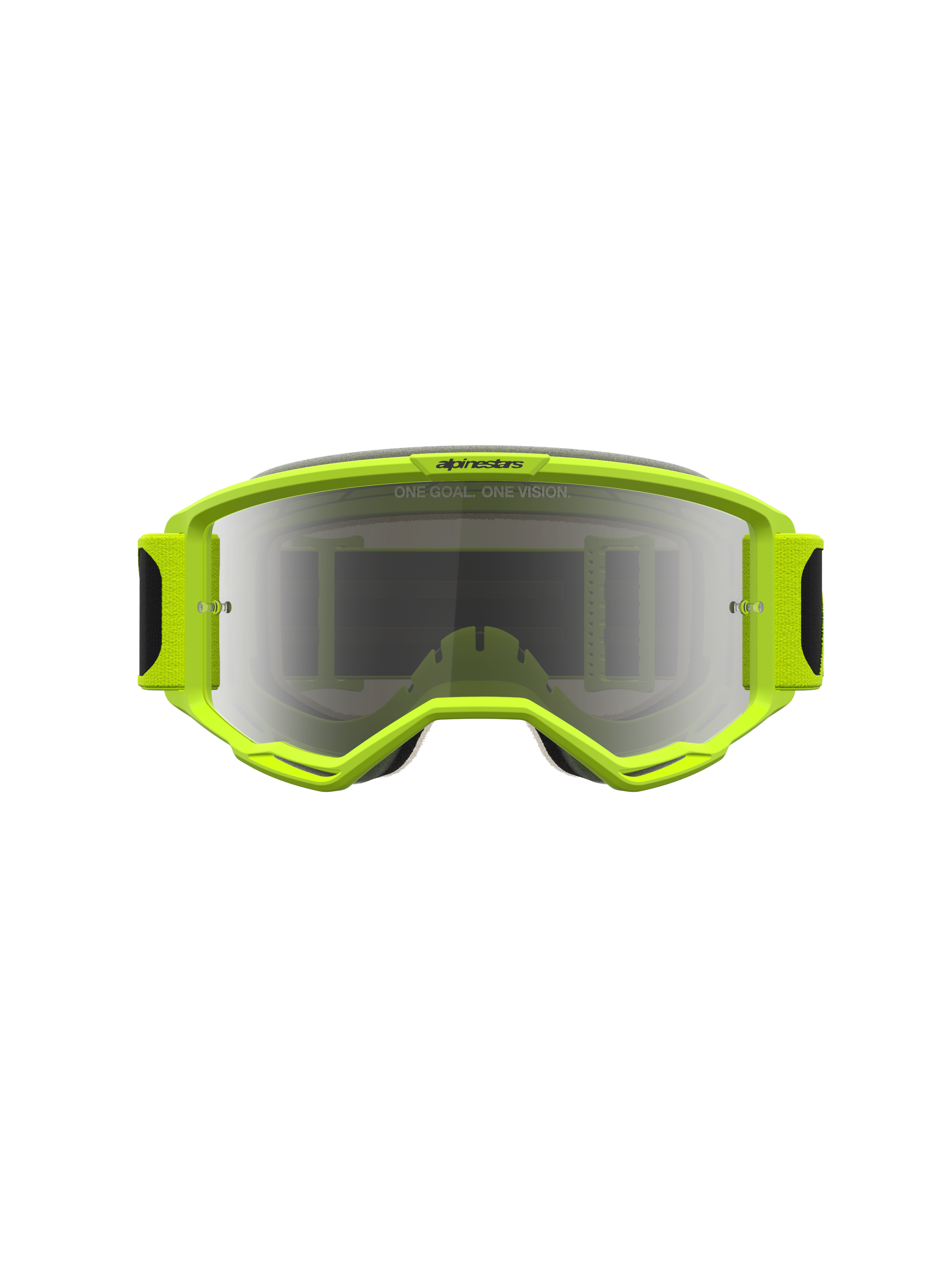 Alpinestars Vision 5 Rora Goggles, yellow fluo motocross goggles with a mirror silver lens and RAM-AIR ventilation.