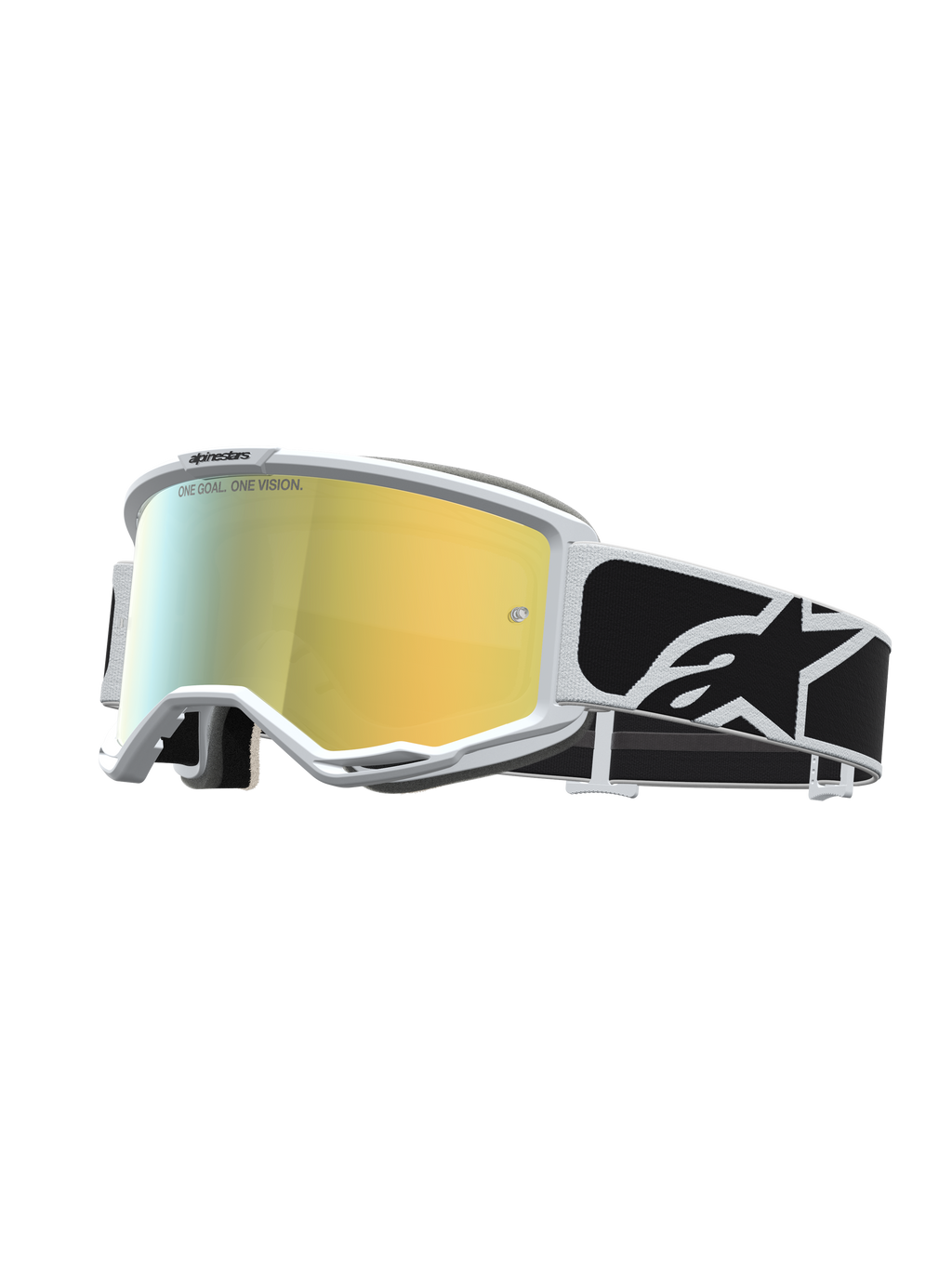 Alpinestars Vision 5 Rora veiligheidsbril voor motocross met wit frame, goudkleurige spiegellens en zwarte logoband.