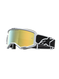 Alpinestars Vision 5 Rora veiligheidsbril voor motocross met wit frame, goudkleurige spiegellens en zwarte logoband.