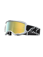 Alpinestars Vision 5 Rora veiligheidsbril voor motocross met wit frame, goudkleurige spiegellens en zwarte logoband.
