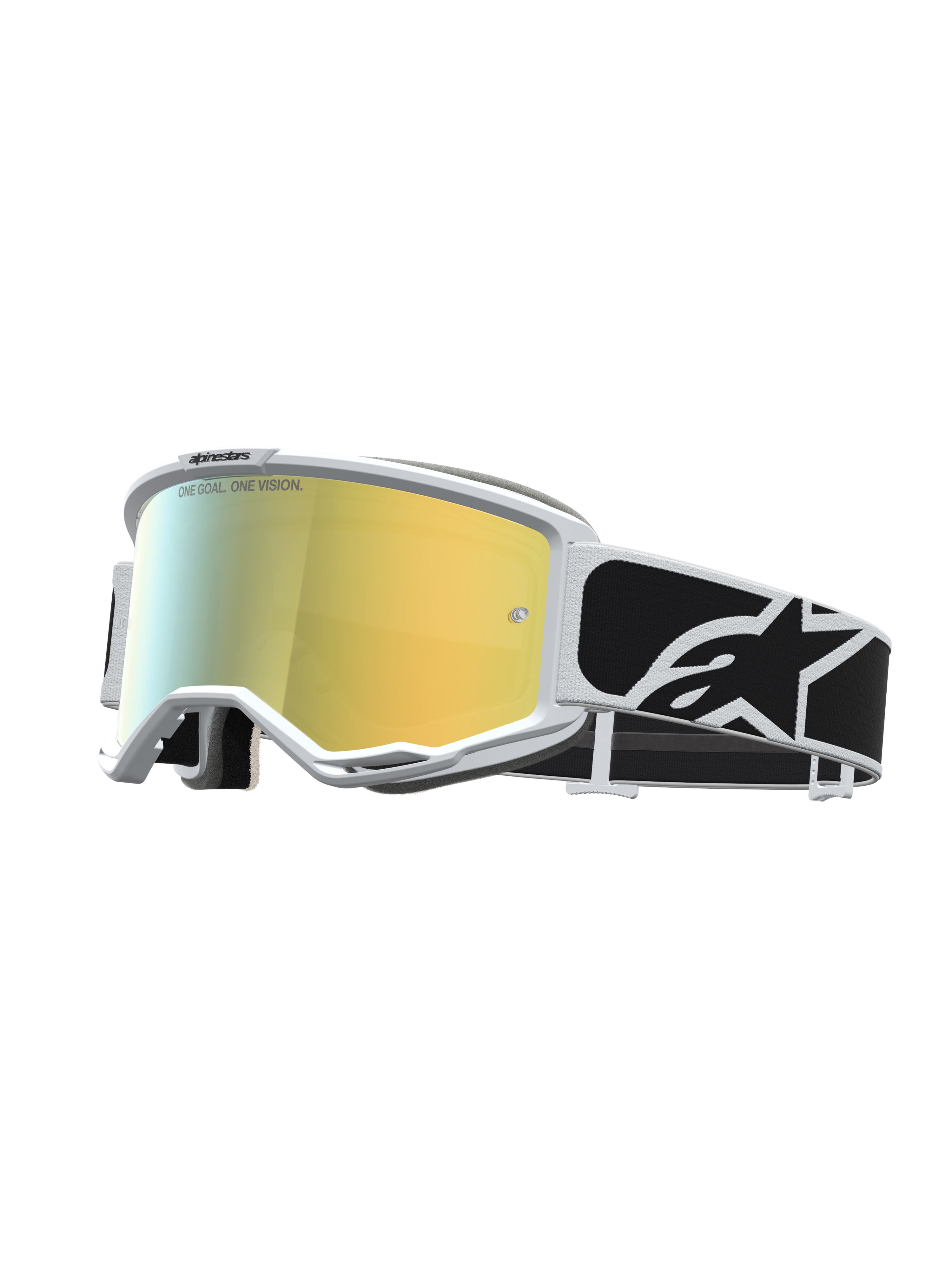 Alpinestars Vision 5 Rora veiligheidsbril voor motocross met wit frame, goudkleurige spiegellens en zwarte logoband.