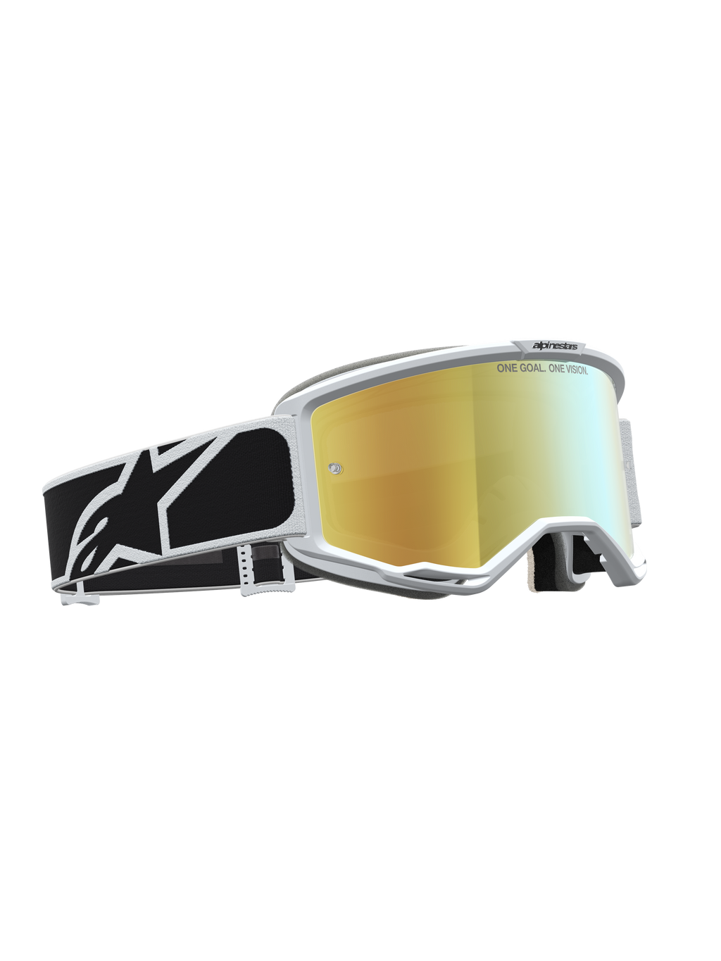 Alpinestars Vision 5 Rora veiligheidsbril, motorcrossbril met goudkleurige spiegellens, wit frame en zwarte grafische band.