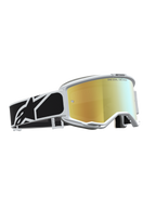 Alpinestars Vision 5 Rora veiligheidsbril, motorcrossbril met goudkleurige spiegellens, wit frame en zwarte grafische band.