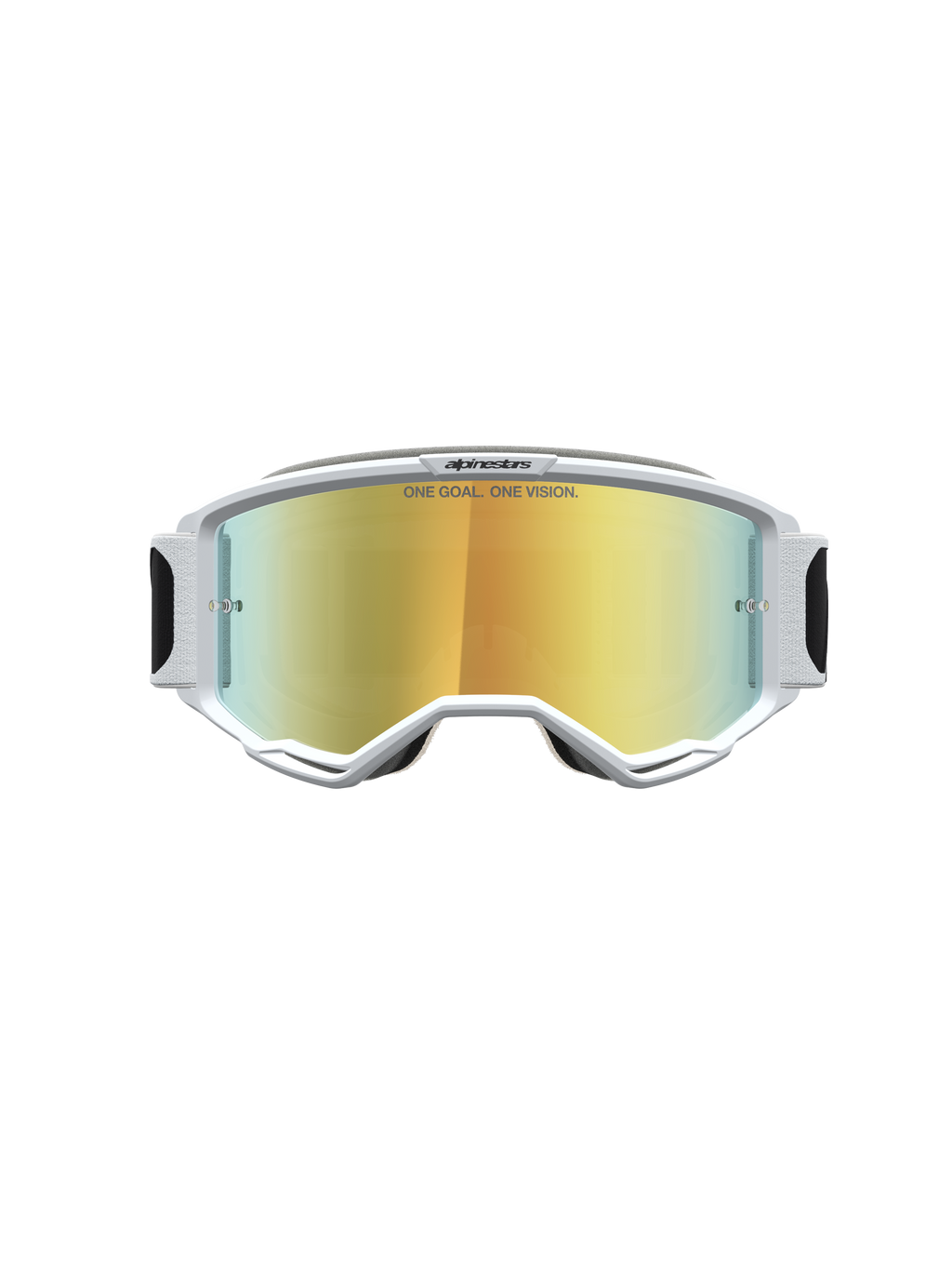 Alpinestars Vision 5 Rora veiligheidsbril voor motorcross, wit A-FLEX frame, gouden spiegellens en RAM-AIR ventilatie.