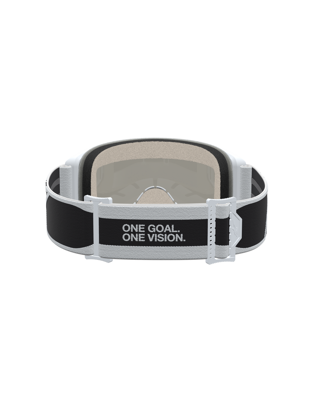 Alpinestars Vision 5 Rora veiligheidsbril voor motorcross, zwart en wit, achterzijde band met One Goal. One Vision. slogan.