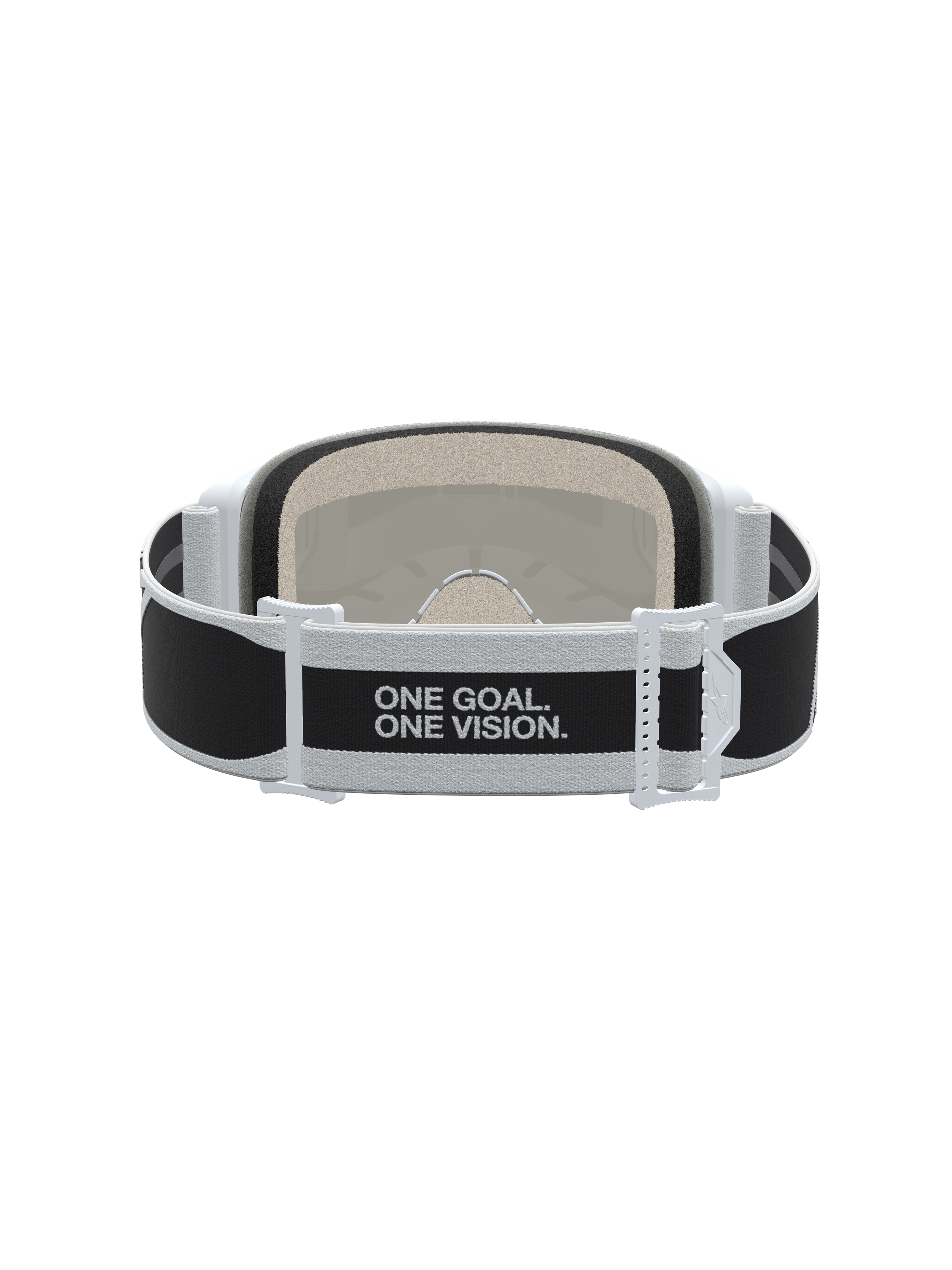 Alpinestars Vision 5 Rora veiligheidsbril voor motorcross, zwart en wit, achterzijde band met One Goal. One Vision. slogan.
