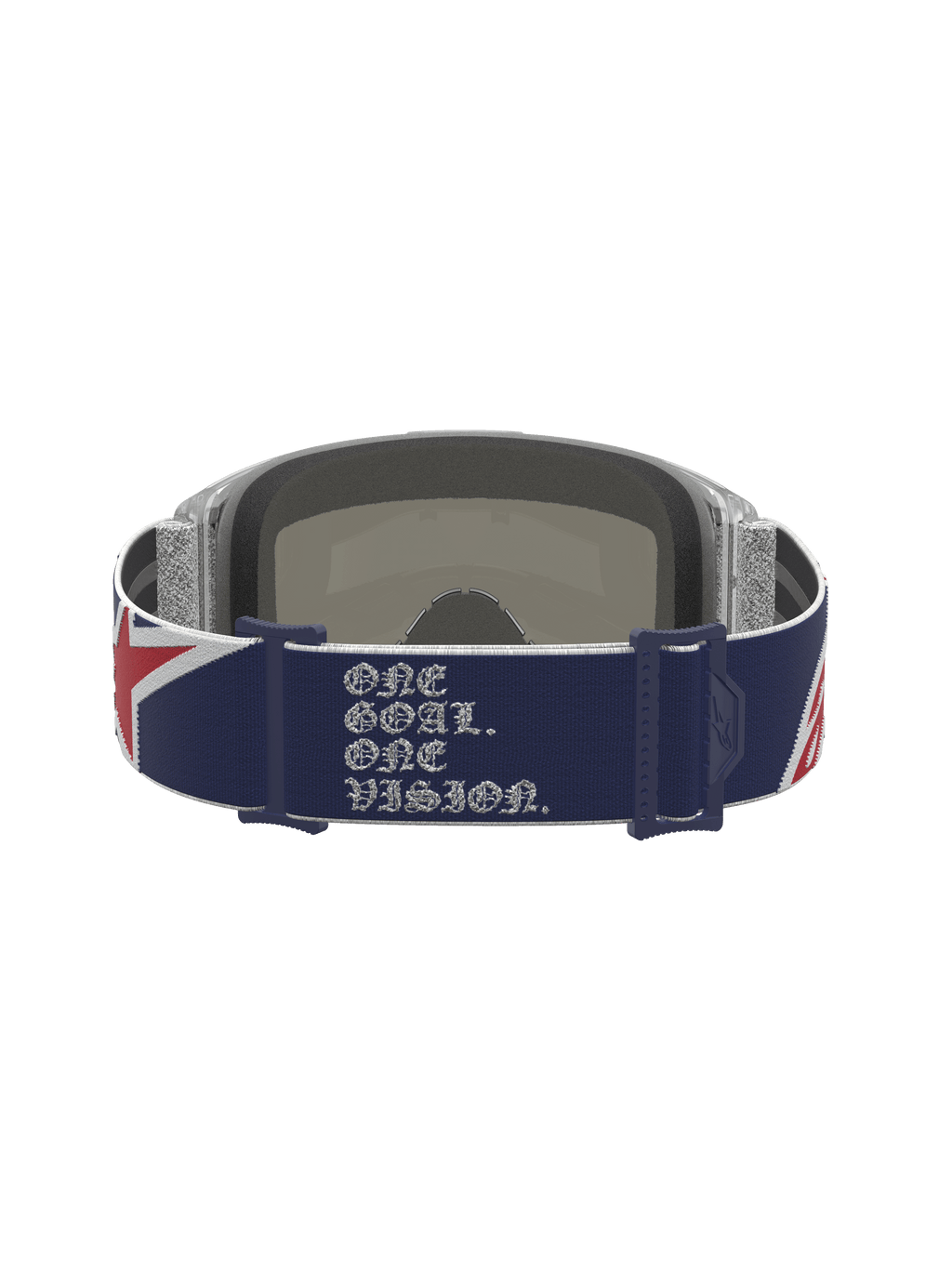 Alpinestars Vision 5 Le Fiftyfold Goggle, achteraanzicht met blauw-rode band en witte slogan, limited edition motorcrossbril