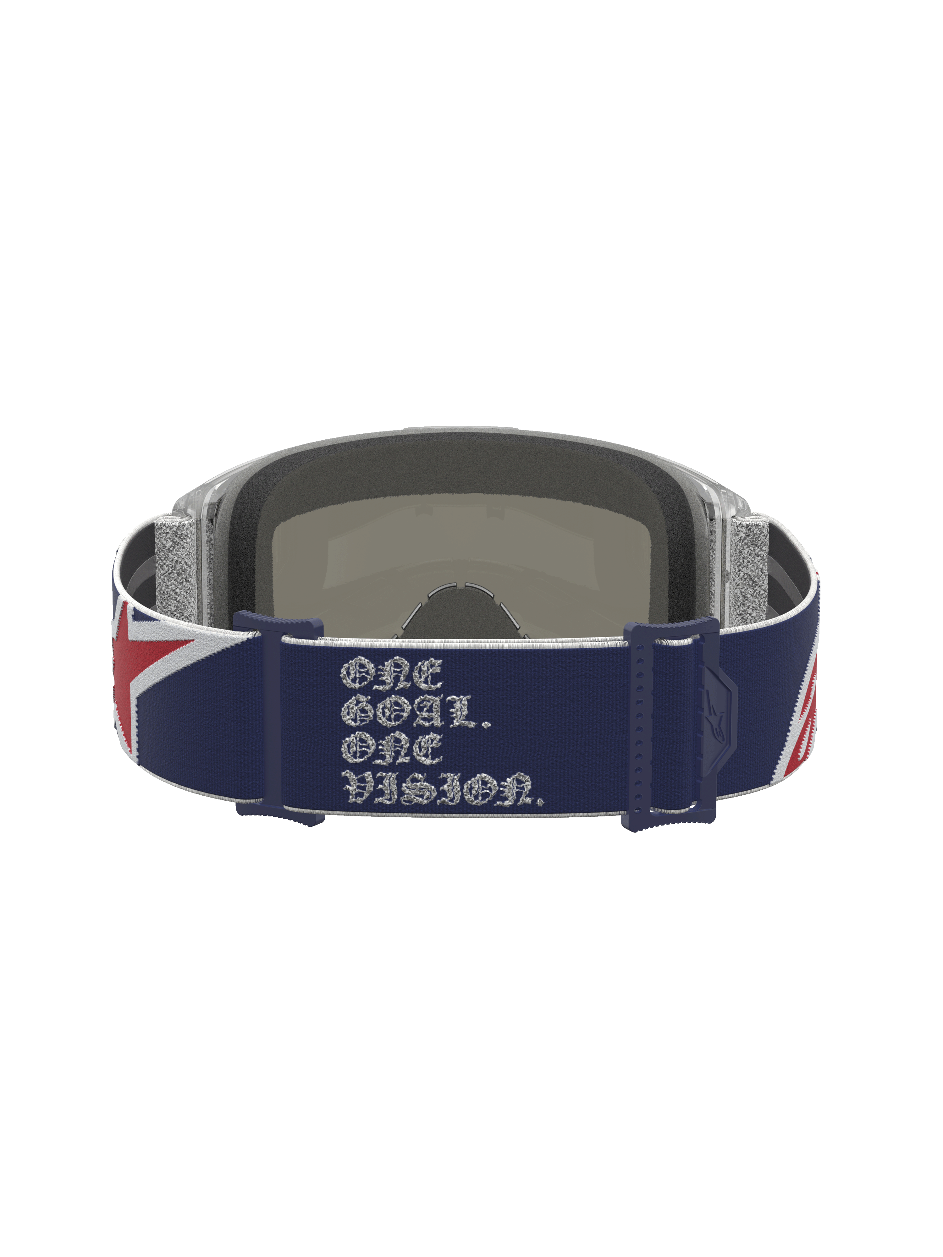 Alpinestars Vision 5 Le Fiftyfold Goggle, achteraanzicht met blauw-rode band en witte slogan, limited edition motorcrossbril