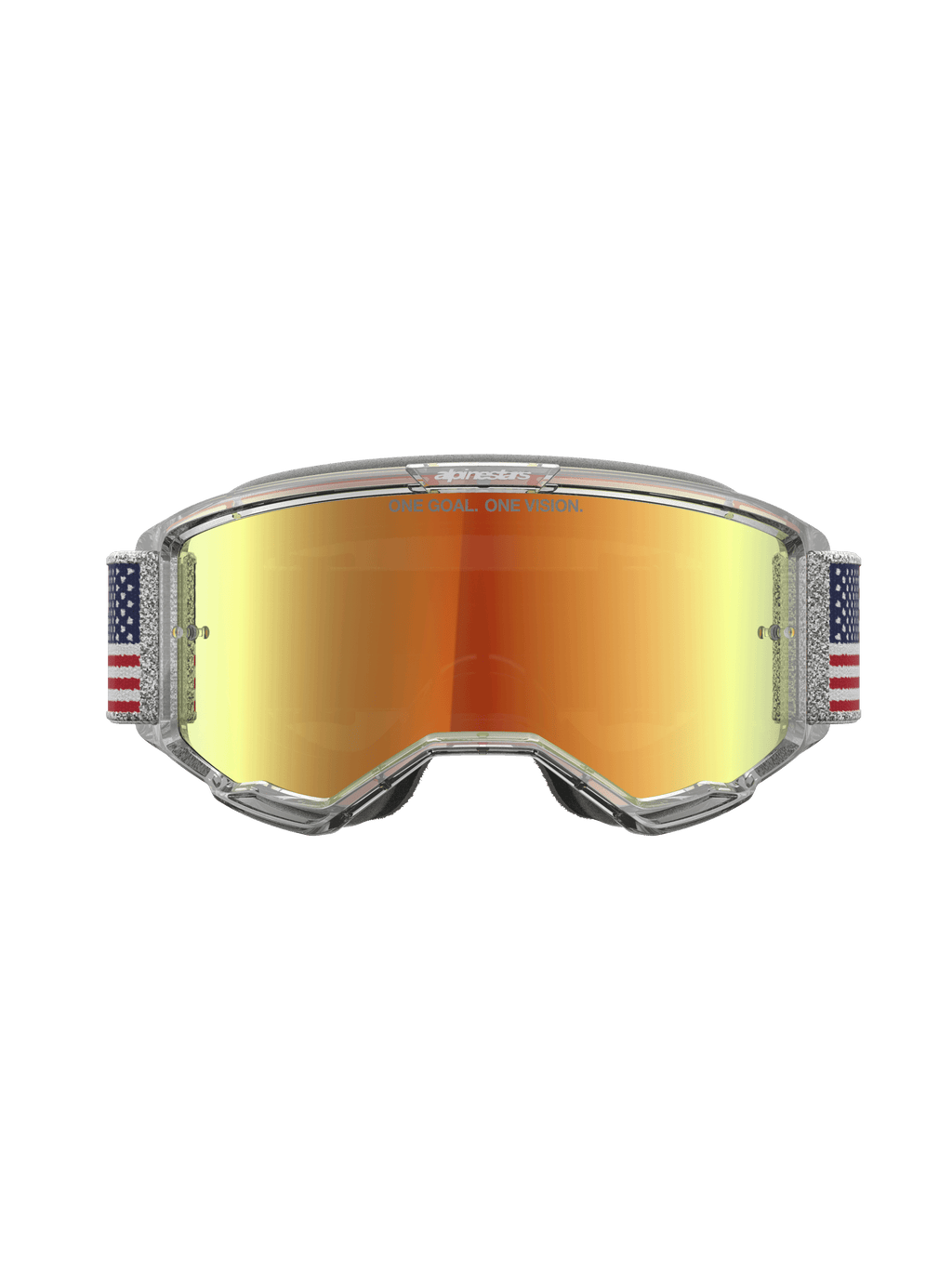 Alpinestars Vision 5 Le Fiftyfold Goggle, motorcrossbril met rode spiegelende lens, transparant A-FLEX frame en blauw-witte strap met vlagmotief.