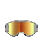 Alpinestars Vision 5 Le Fiftyfold Goggle, motorcrossbril met rode spiegelende lens, transparant A-FLEX frame en blauw-witte strap met vlagmotief.