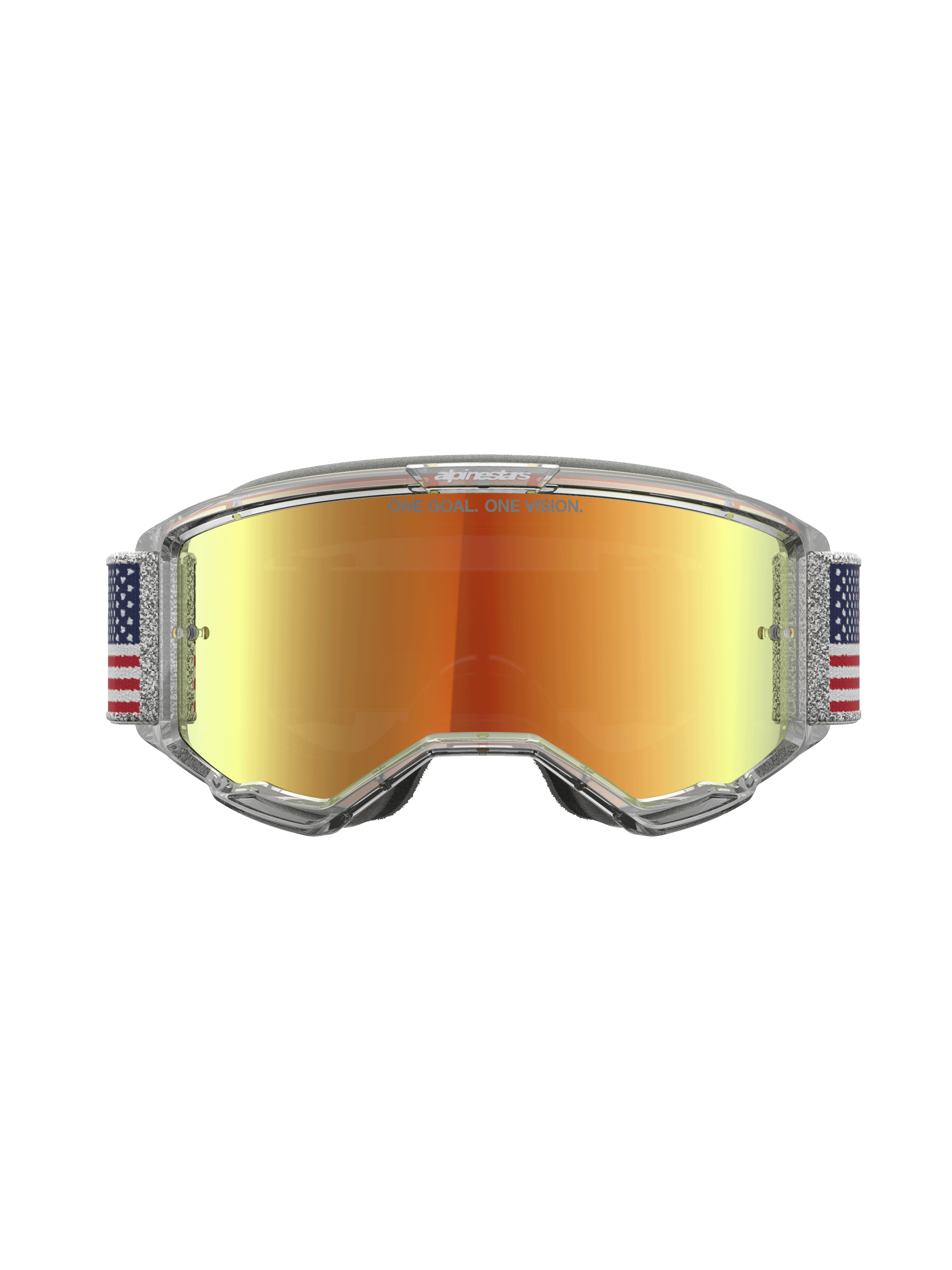 Alpinestars Vision 5 Le Fiftyfold Goggle, motorcrossbril met rode spiegelende lens, transparant A-FLEX frame en blauw-witte strap met vlagmotief.