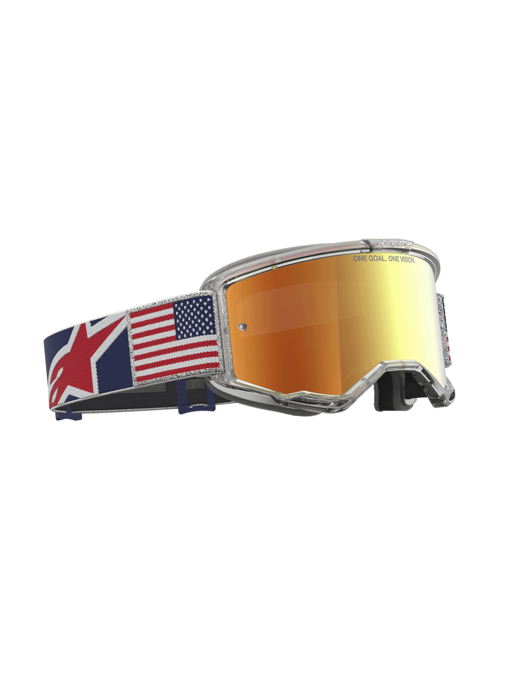 Alpinestars Vision 5 Le Fiftyfold crossbril met rode spiegellens, transparant frame en band met Amerikaanse vlag.
