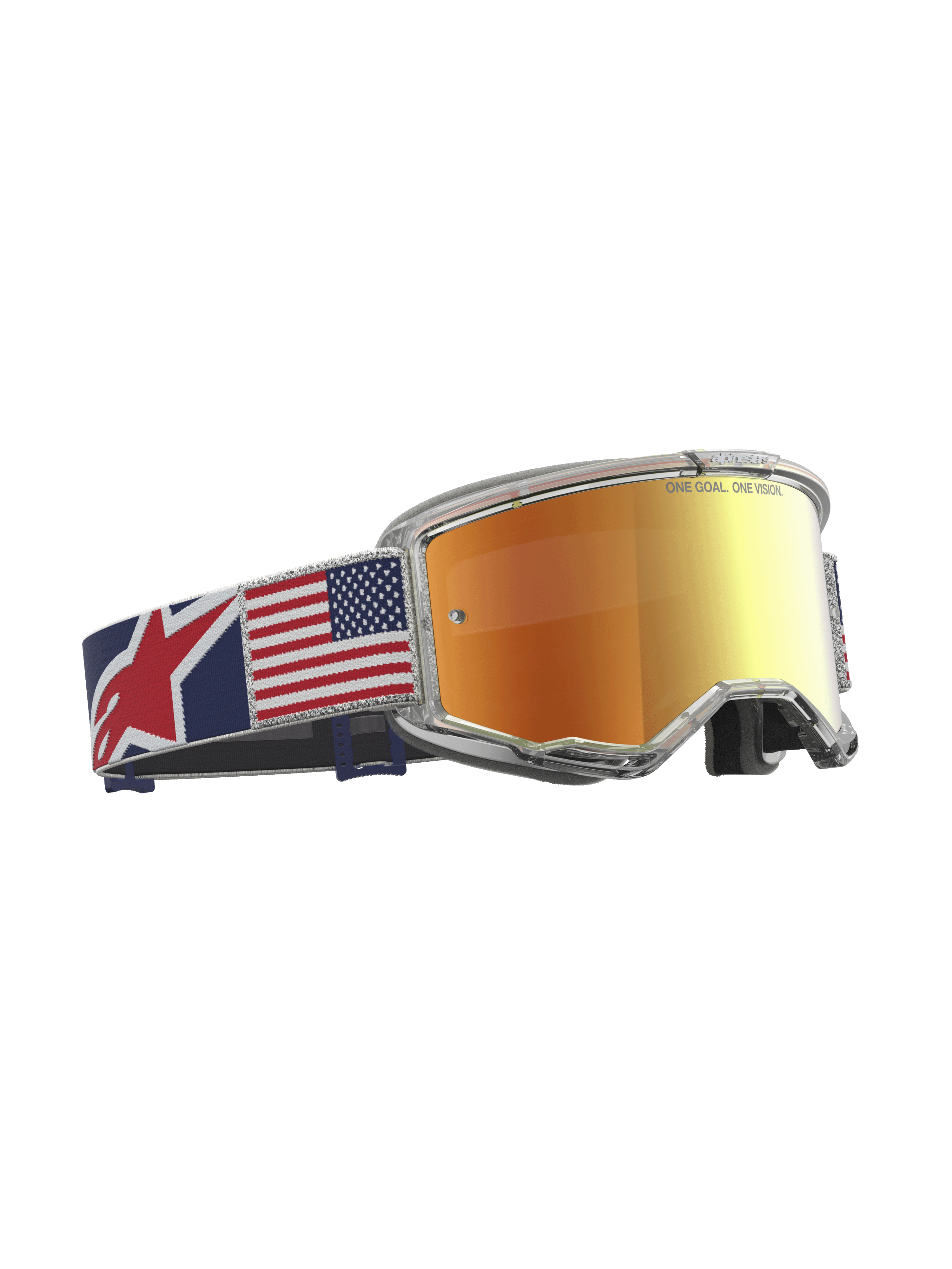 Alpinestars Vision 5 Le Fiftyfold crossbril met rode spiegellens, transparant frame en band met Amerikaanse vlag.