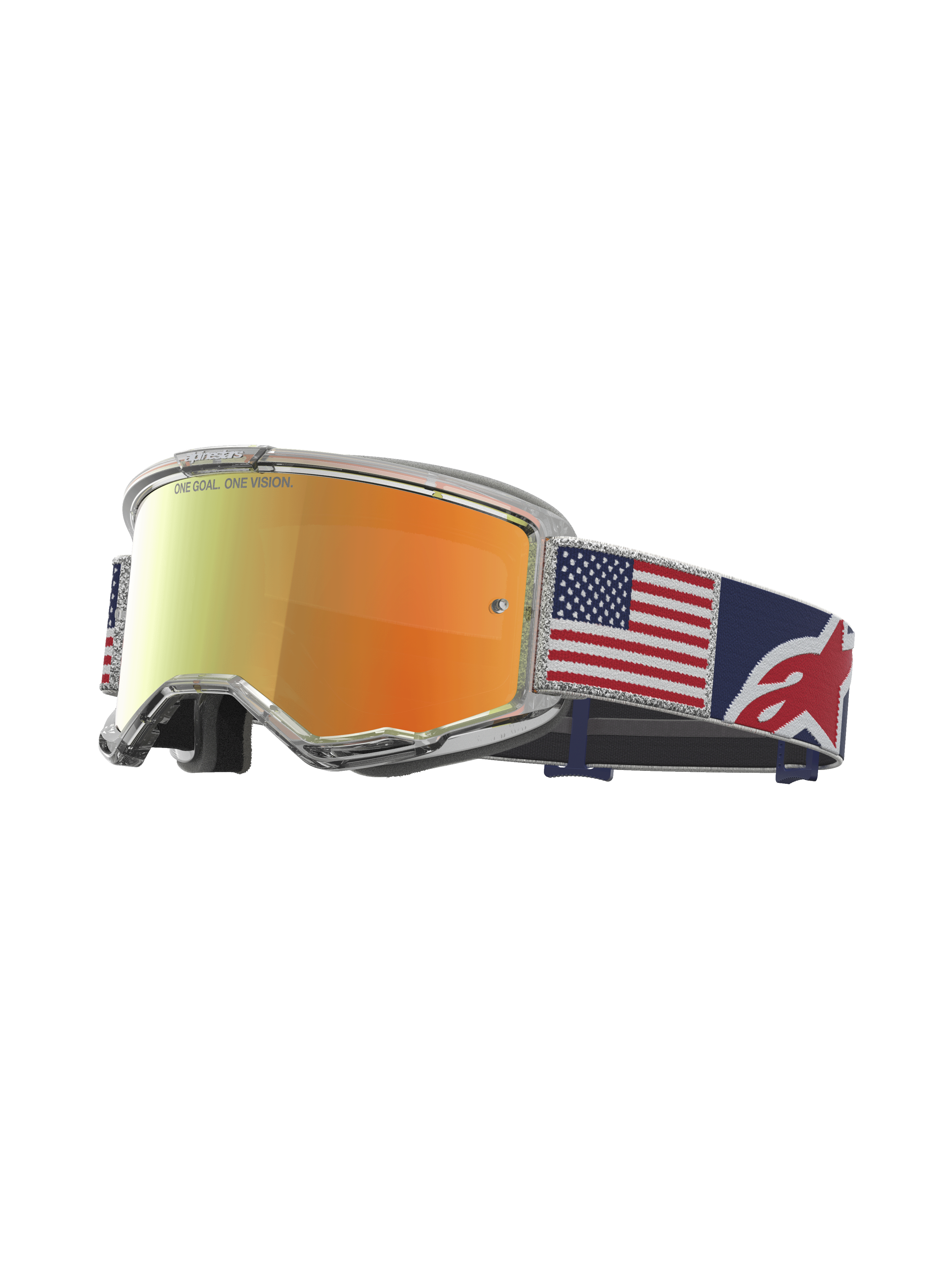 Alpinestars Limited Edition Vision 5 Fiftyfold motocrossbril met rode spiegellens en band met Amerikaanse vlag.