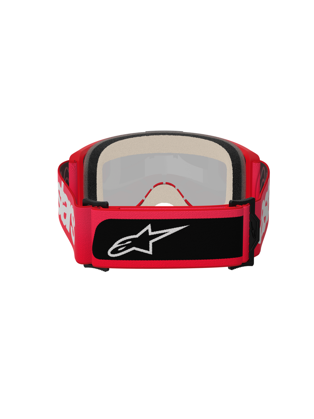 Alpinestars Vision 5 Blaze Goggles, motorcrossbril, rood, achteraanzicht met dik meerlaags gezichtsschuim en een brede verstelbare band met witte Alpinestars-belettering en een zwarte logopatch