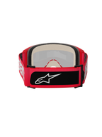 Alpinestars Vision 5 Blaze Goggles, motorcrossbril, rood, achteraanzicht met dik meerlaags gezichtsschuim en een brede verstelbare band met witte Alpinestars-belettering en een zwarte logopatch