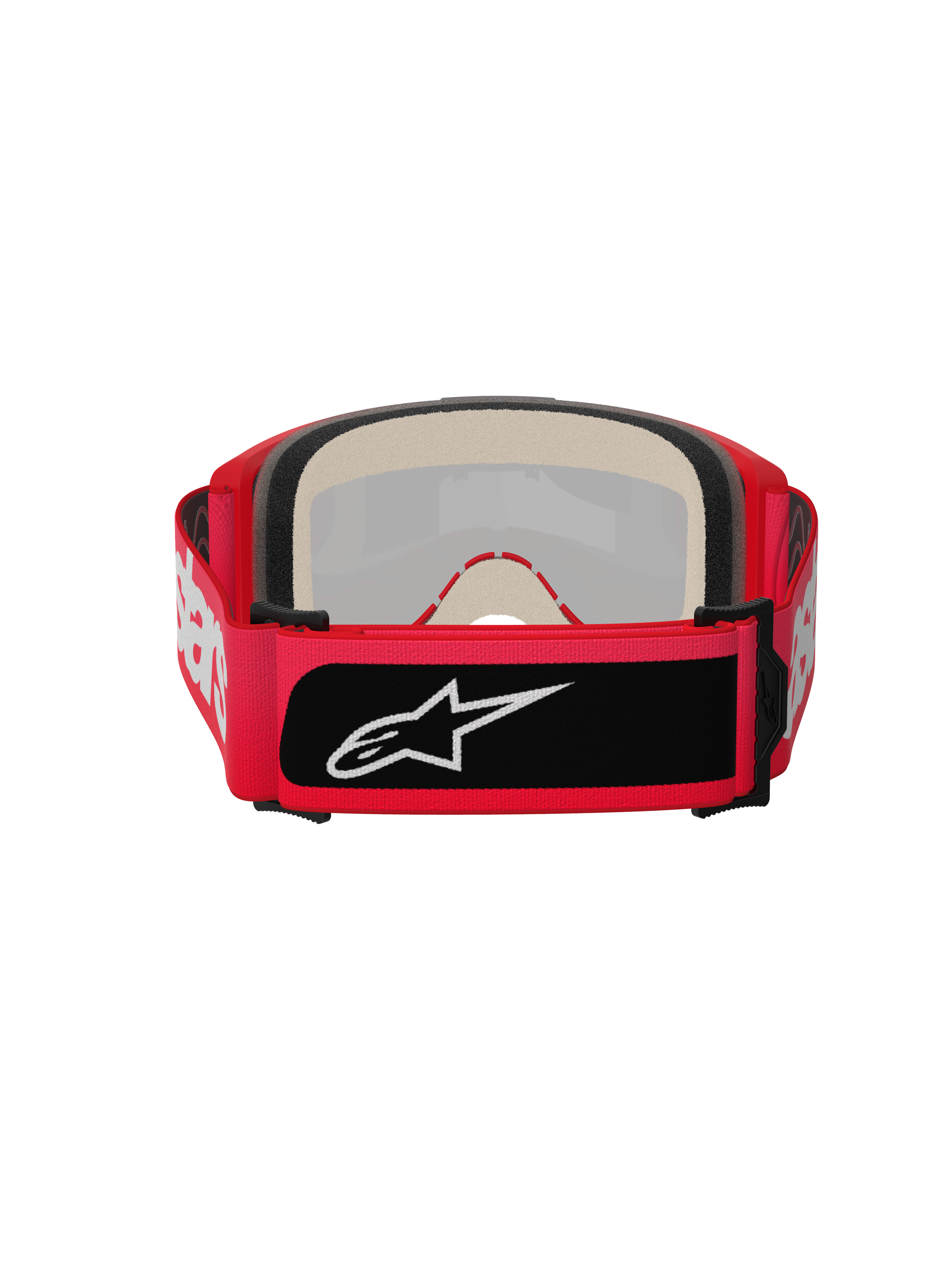 Alpinestars Vision 5 Blaze Goggles, motorcrossbril, rood, achteraanzicht met dik meerlaags gezichtsschuim en een brede verstelbare band met witte Alpinestars-belettering en een zwarte logopatch