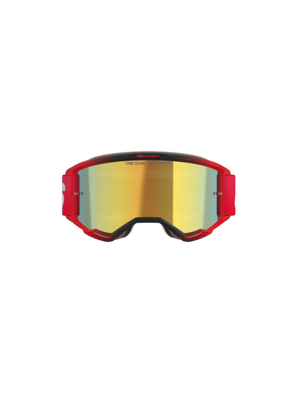 Alpinestars Vision 5 Blaze Goggles, motorcrossbril, rood frame met goudkleurige spiegelende lens, voorzien van 'ONE GOAL. ONE VISION.' tekst op de lens, rode elastische band met wit logo, professionele oogbescherming voor motorcross