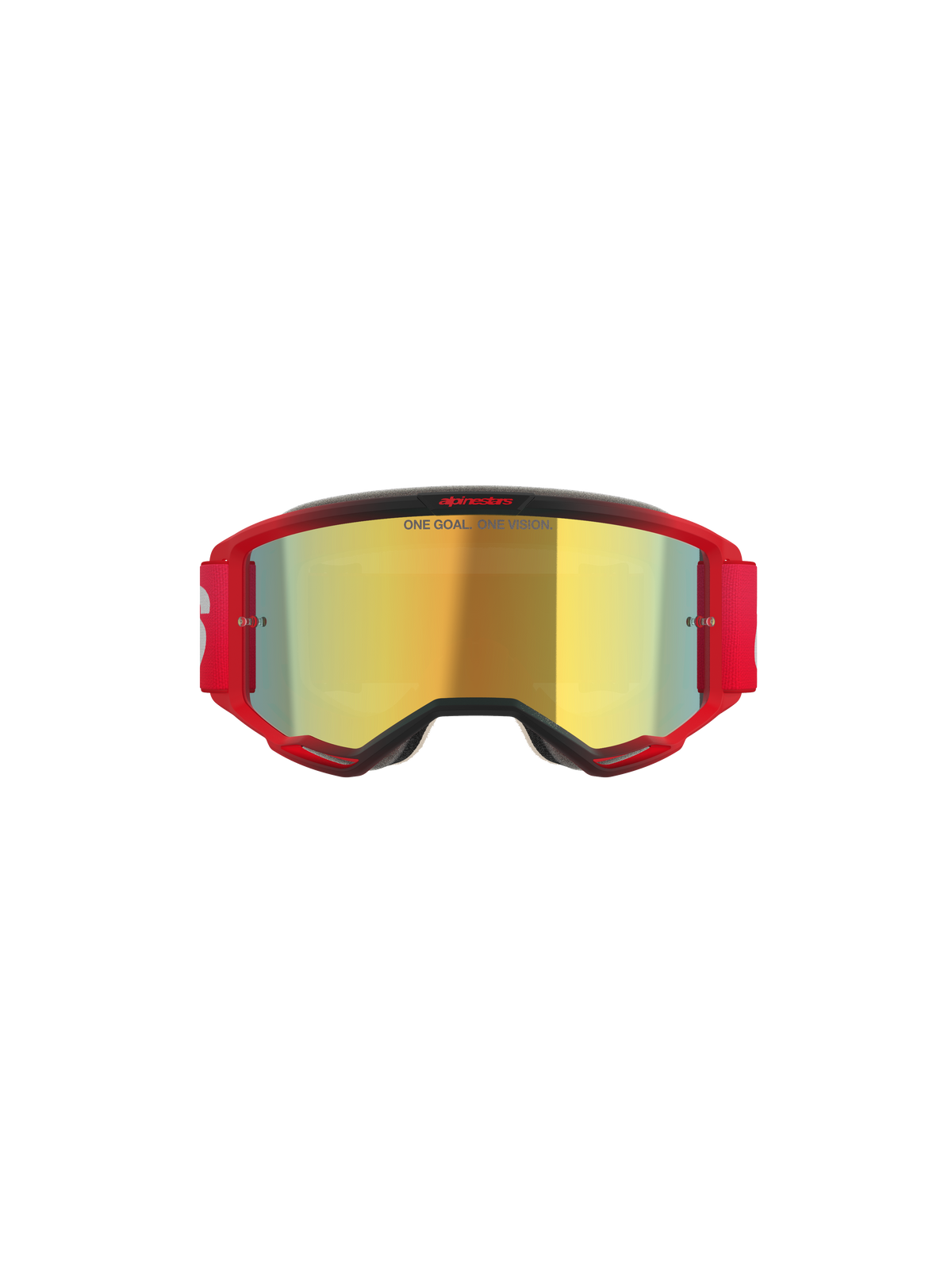 Alpinestars Vision 5 Blaze Goggles, motorcrossbril, rood frame met goudkleurige spiegelende lens, voorzien van 'ONE GOAL. ONE VISION.' tekst op de lens, rode elastische band met wit logo, professionele oogbescherming voor motorcross