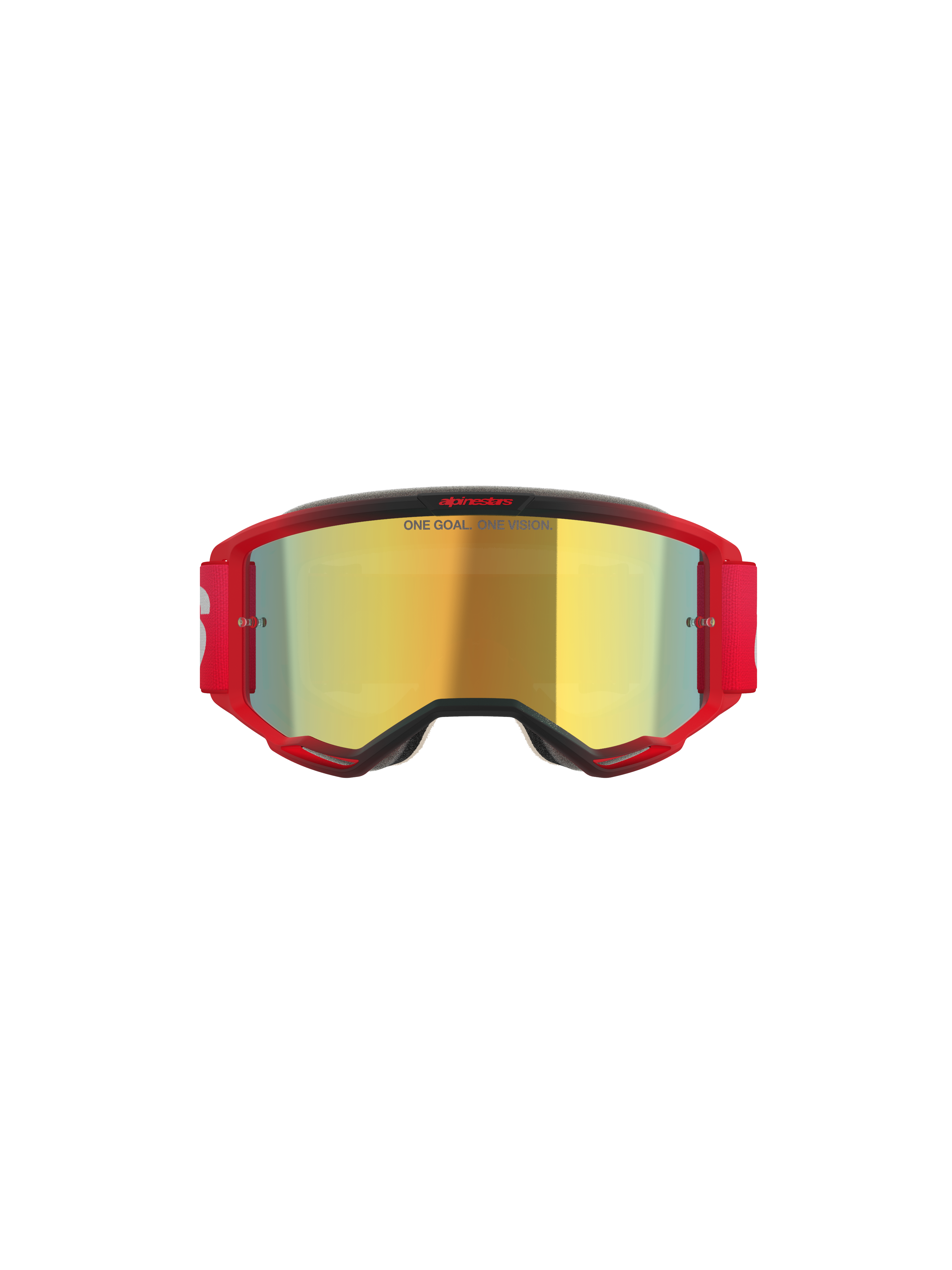 Alpinestars Vision 5 Blaze Goggles, motorcrossbril, rood frame met goudkleurige spiegelende lens, voorzien van 'ONE GOAL. ONE VISION.' tekst op de lens, rode elastische band met wit logo, professionele oogbescherming voor motorcross