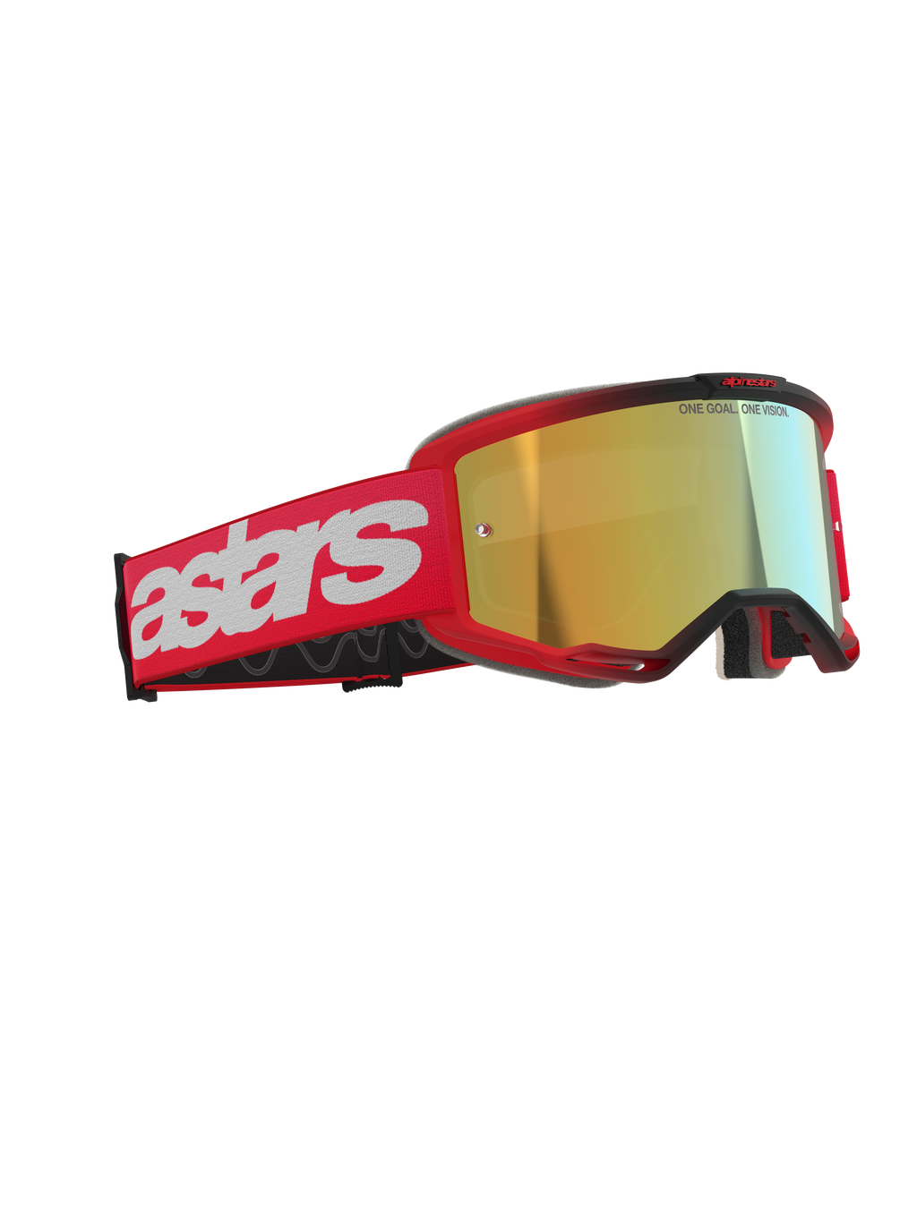 Alpinestars Vision 5 Blaze Goggles, motorcrossbril, rood met gouden spiegellens, voorzien van een rode geweven band met een groot wit astars-logo en 'ONE GOAL. ONE VISION.' tekst op de lens, hoogwaardige oogbescherming voor off-road racen