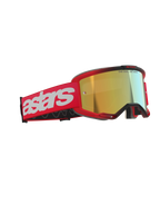 Alpinestars Vision 5 Blaze Goggles, motorcrossbril, rood met gouden spiegellens, voorzien van een rode geweven band met een groot wit astars-logo en 'ONE GOAL. ONE VISION.' tekst op de lens, hoogwaardige oogbescherming voor off-road racen