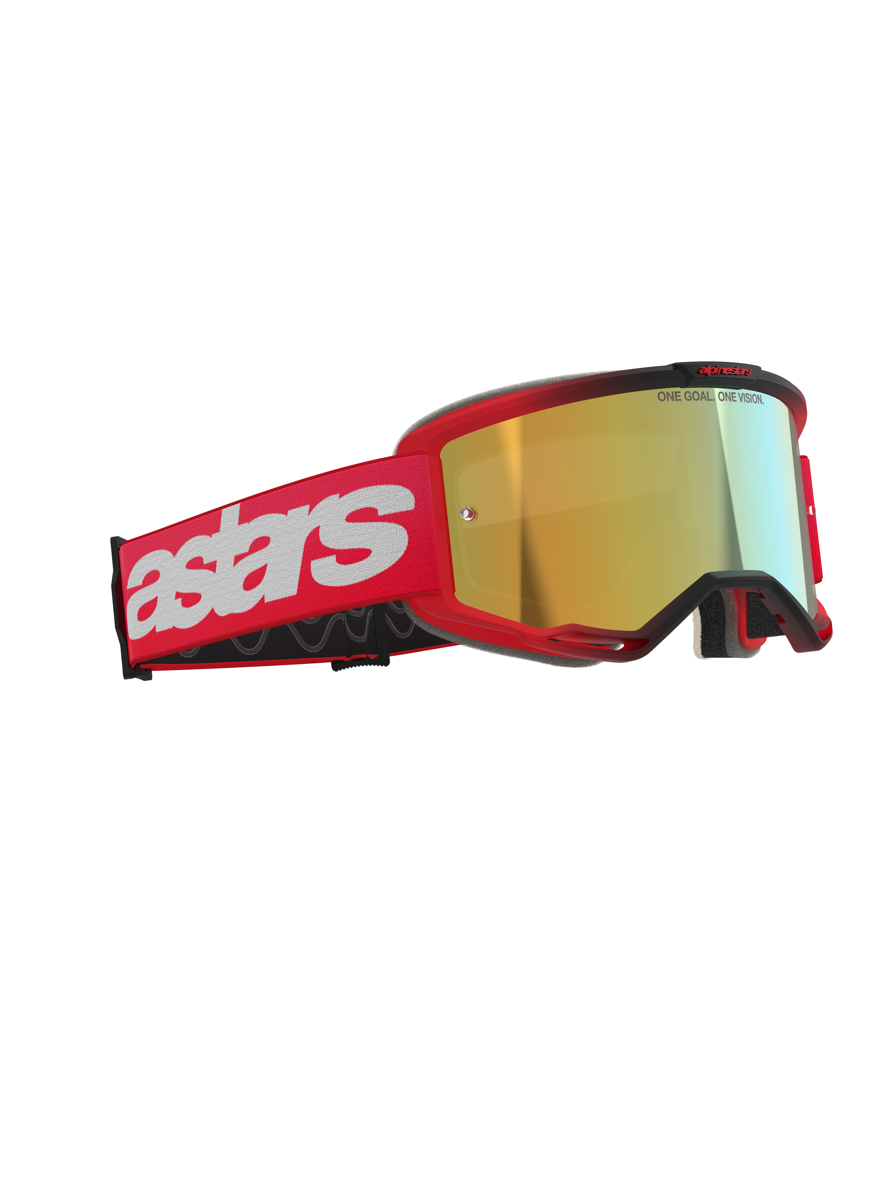 Alpinestars Vision 5 Blaze Goggles, motorcrossbril, rood met gouden spiegellens, voorzien van een rode geweven band met een groot wit astars-logo en 'ONE GOAL. ONE VISION.' tekst op de lens, hoogwaardige oogbescherming voor off-road racen