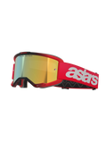 Alpinestars Vision 5 Blaze Goggles, motorcrossbril, rood frame en band met Mirror Gold lens, voorzien van witte astars-branding op de zijkant, lichtgewicht A-FLEX frame met meerlaags gezichtsschuim voor off-road racing