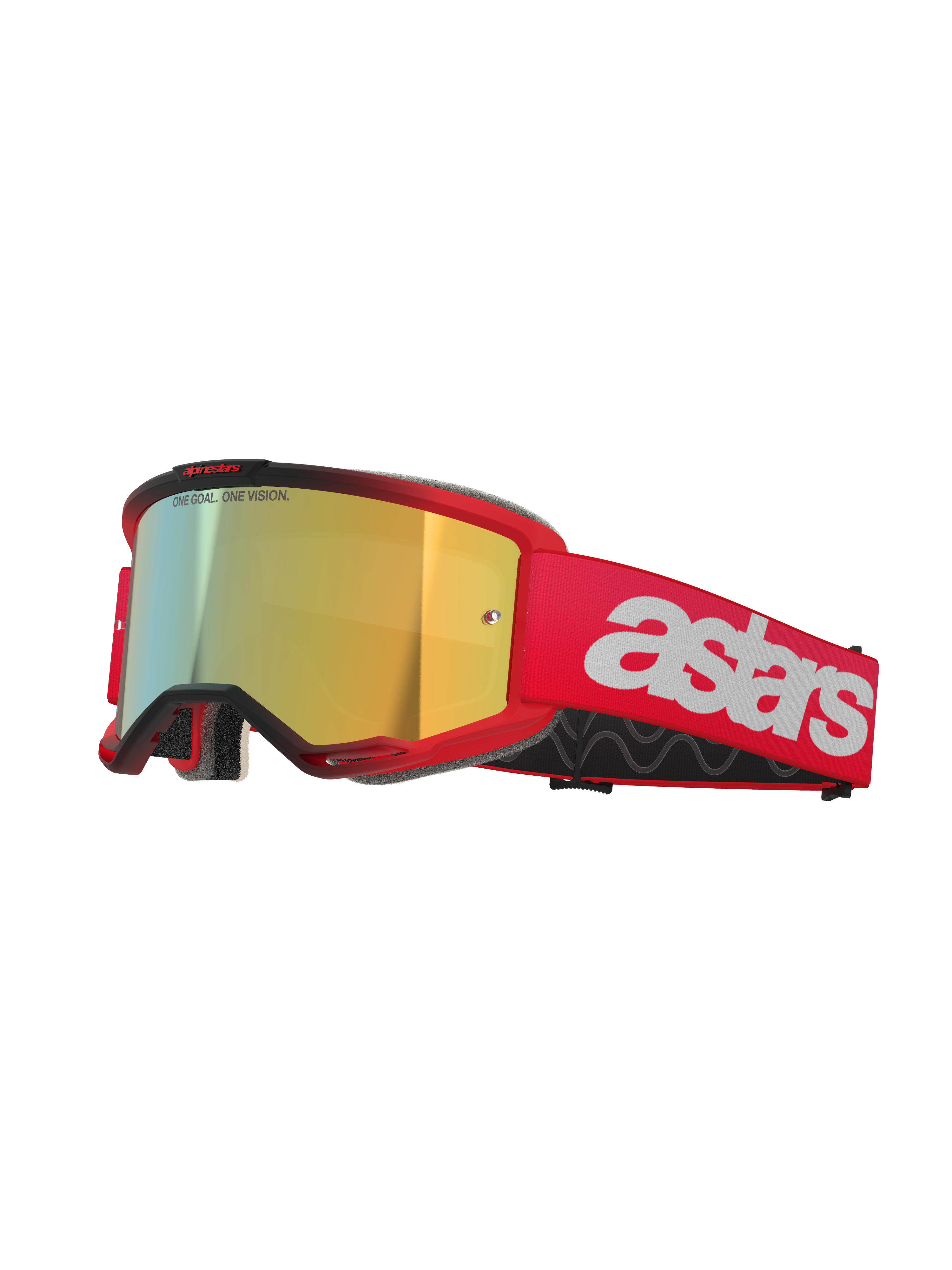 Alpinestars Vision 5 Blaze Goggles, motorcrossbril, rood frame en band met Mirror Gold lens, voorzien van witte astars-branding op de zijkant, lichtgewicht A-FLEX frame met meerlaags gezichtsschuim voor off-road racing