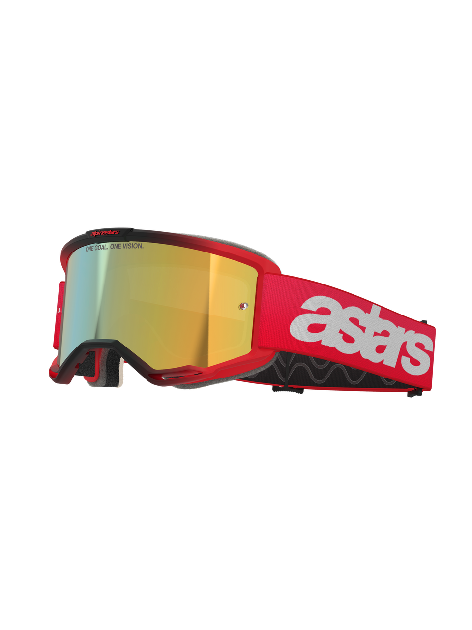 Alpinestars Vision 5 Blaze Goggles, motorcrossbril, rood frame en band met Mirror Gold lens, voorzien van witte astars-branding op de zijkant, lichtgewicht A-FLEX frame met meerlaags gezichtsschuim voor off-road racing