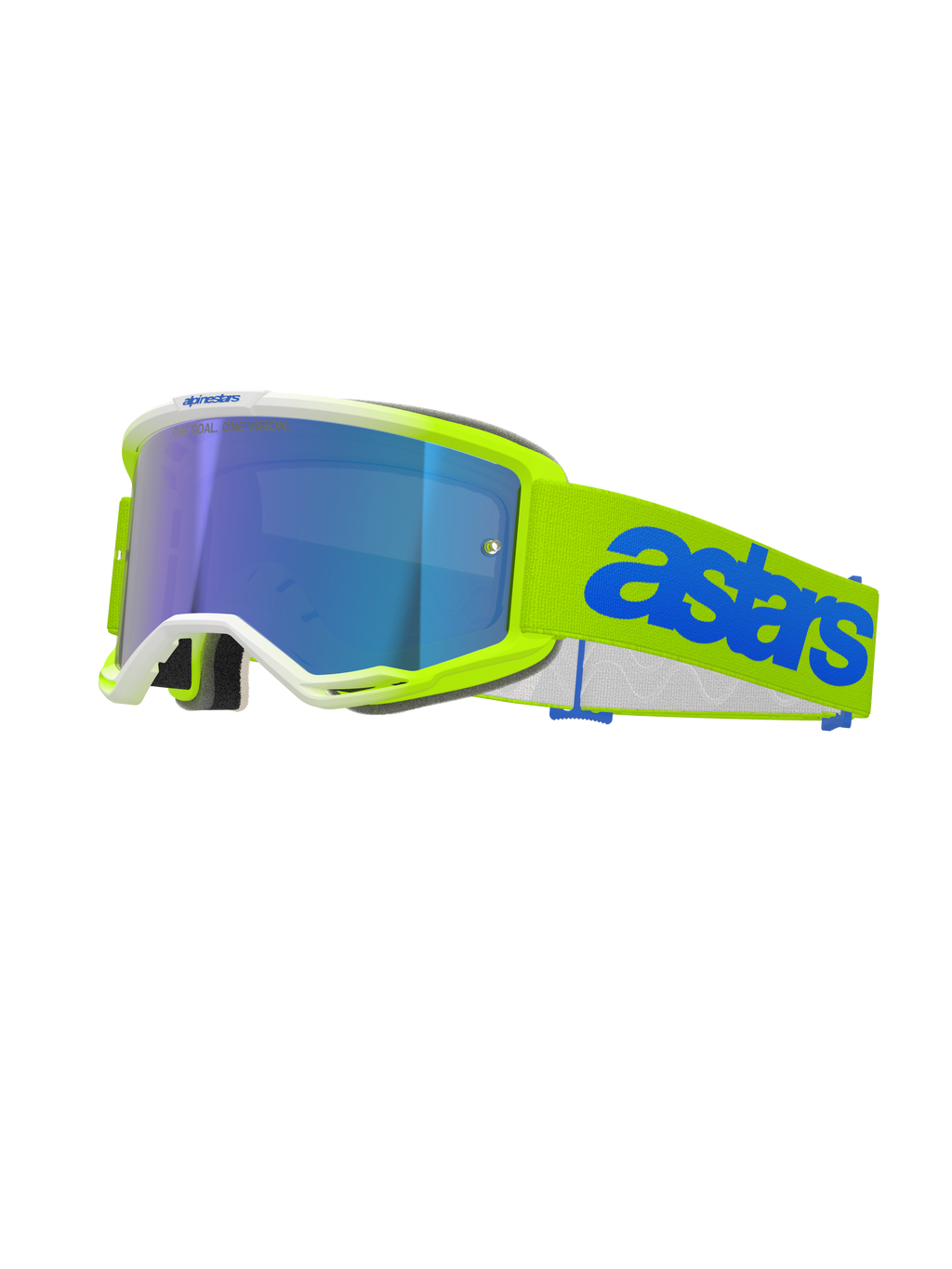 Alpinestars Vision 5 Blaze Goggles, Motocross Goggles, Fluo Yellow and Blue, featuring a blue mirror-tinted lens, neon yellow frame with white trim, adjustable strap with bold blue Astars branding, performance off-road racing eye protection