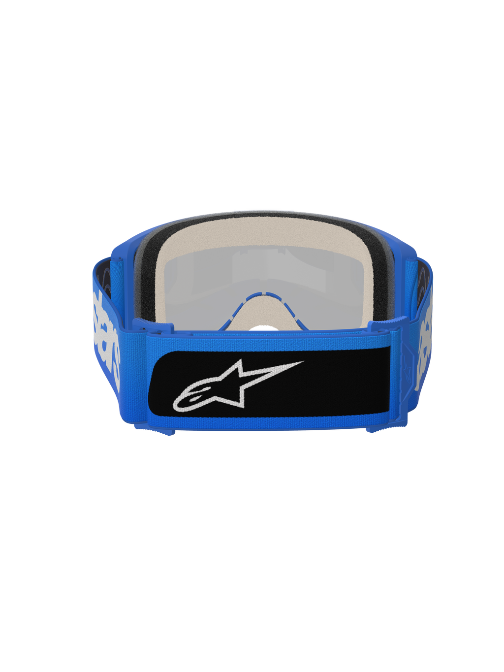 Alpinestars Vision 5 Blaze Goggles, motorcrossbril, blauw, achteraanzicht met dik meerlaags gezichtsschuim en brede blauwe geweven band met een zwarte logopatch, hoogwaardige oogbescherming voor off-road rijden