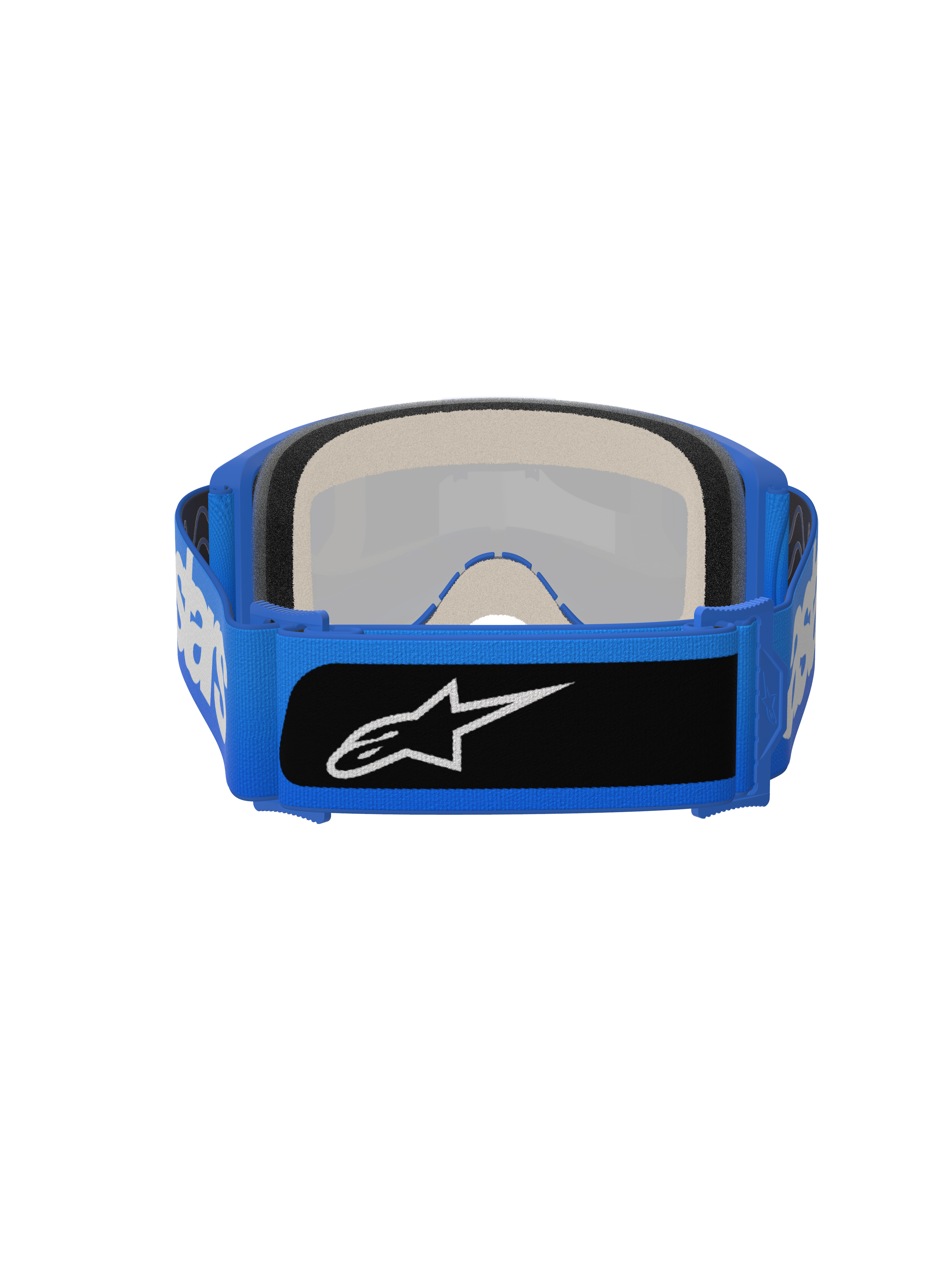 Alpinestars Vision 5 Blaze Goggles, motorcrossbril, blauw, achteraanzicht met dik meerlaags gezichtsschuim en brede blauwe geweven band met een zwarte logopatch, hoogwaardige oogbescherming voor off-road rijden