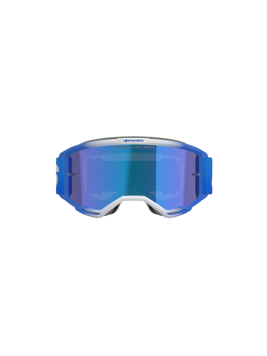 Alpinestars Vision 5 Blaze Goggles, motorcrossbril, Blue Mirror Blue, vooraanzicht met blauw en wit A-FLEX-frame, blauwe spiegellens en blauwe geweven band, professionele off-road oogbescherming