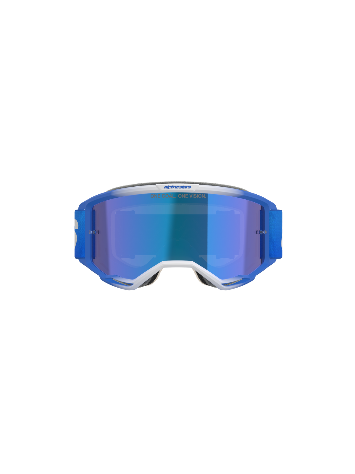 Alpinestars Vision 5 Blaze Goggles, motorcrossbril, Blue Mirror Blue, vooraanzicht met blauw en wit A-FLEX-frame, blauwe spiegellens en blauwe geweven band, professionele off-road oogbescherming