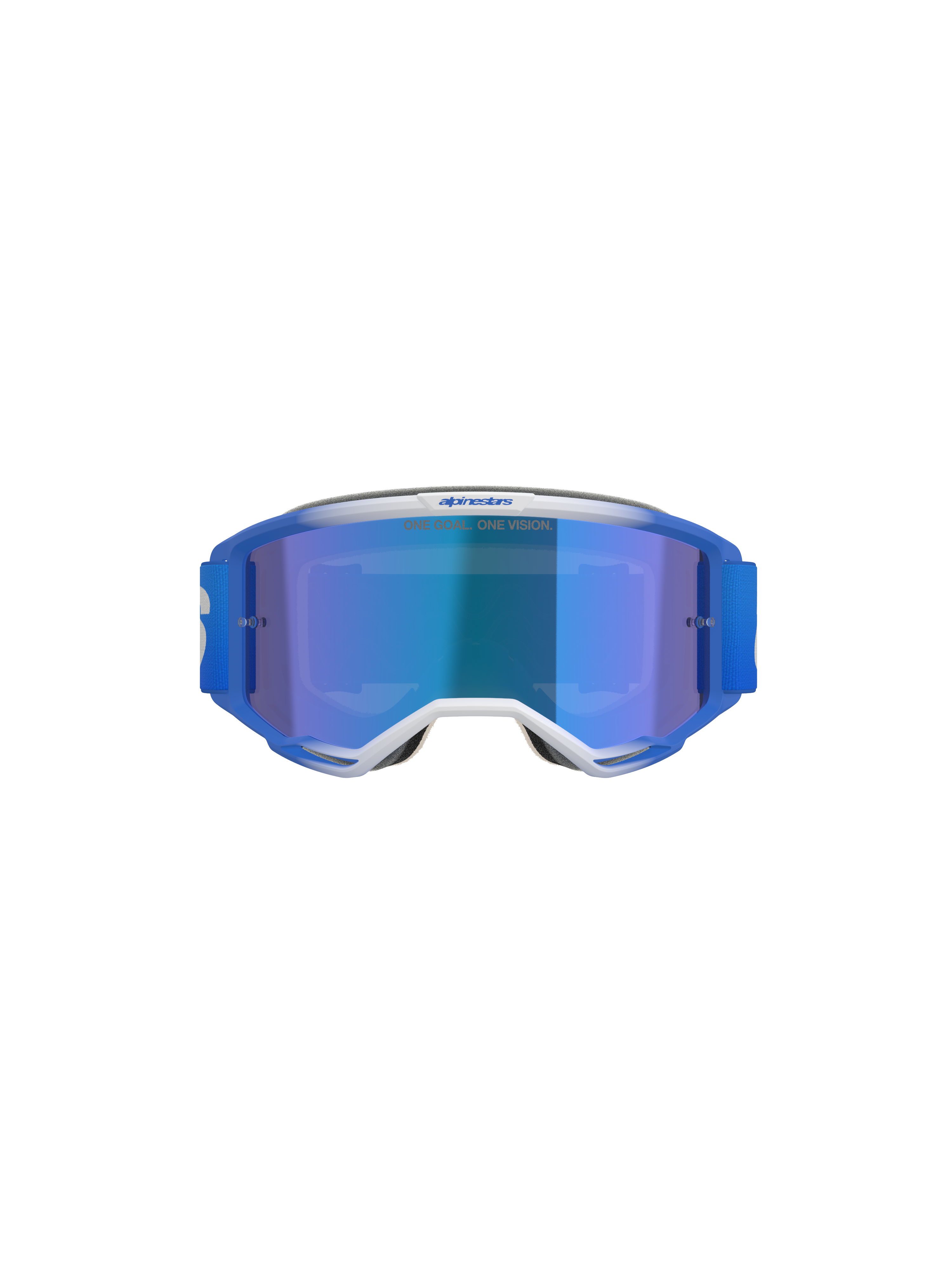 Alpinestars Vision 5 Blaze Goggles, motorcrossbril, Blue Mirror Blue, vooraanzicht met blauw en wit A-FLEX-frame, blauwe spiegellens en blauwe geweven band, professionele off-road oogbescherming