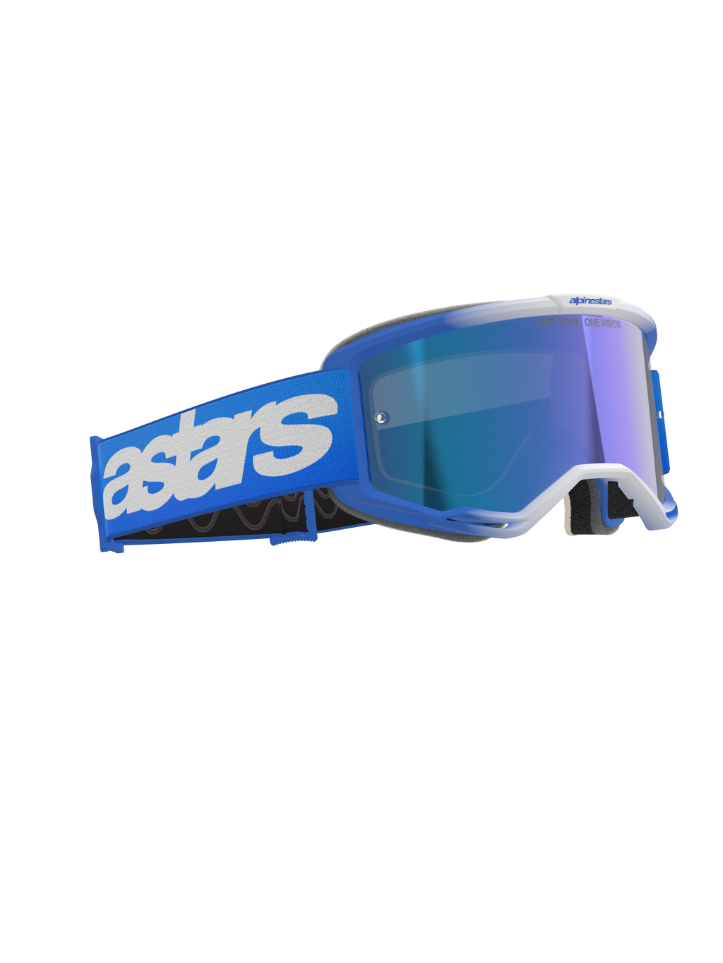 Alpinestars Vision 5 Blaze Goggles, motocrossbril, Blue Mirror Blue, voorzien van een blauw frame en gespiegelde lens, brede blauwe band met witte Astars-branding, prestatiegerichte off-road beschermende bril