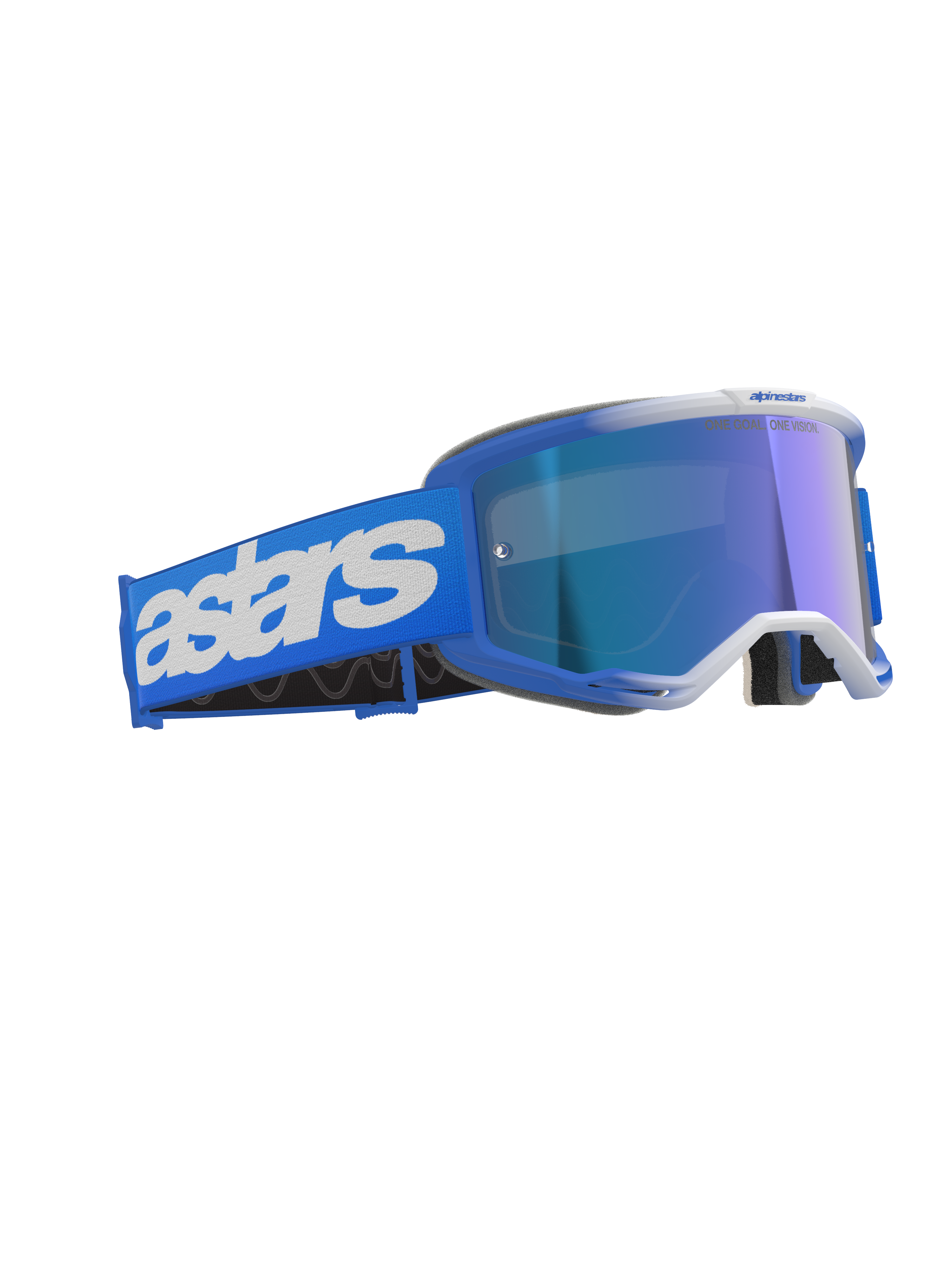 Alpinestars Vision 5 Blaze Goggles, motocrossbril, Blue Mirror Blue, voorzien van een blauw frame en gespiegelde lens, brede blauwe band met witte Astars-branding, prestatiegerichte off-road beschermende bril
